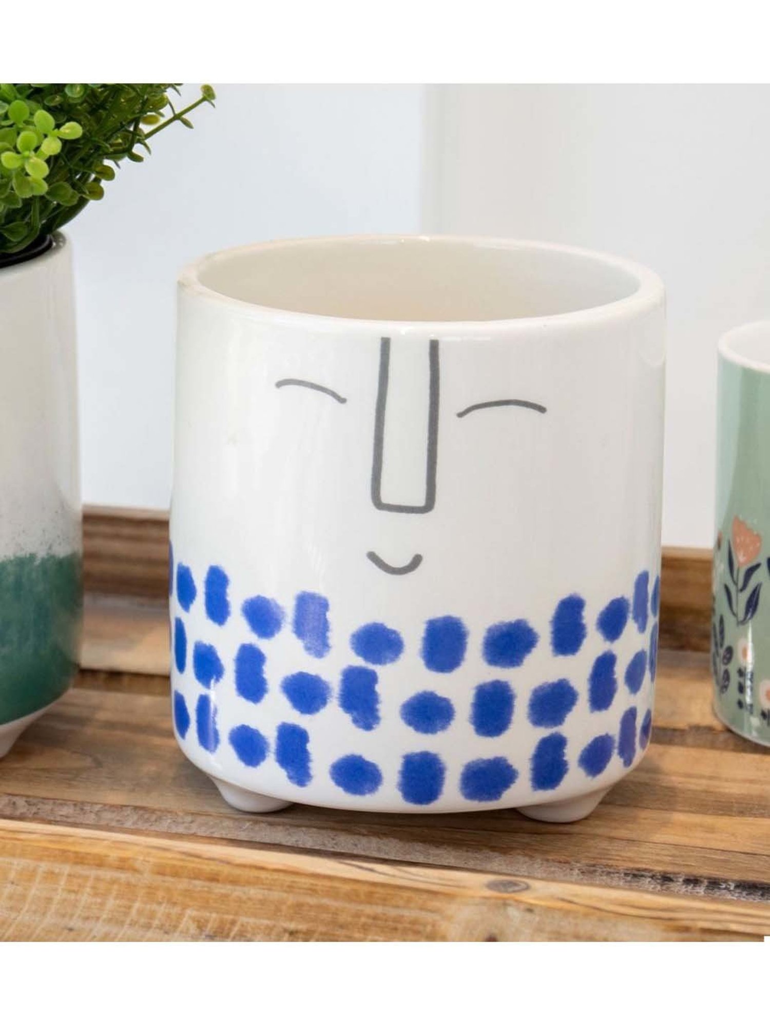 KitchenCraft White & Blue Ceramic Mini Planter Pot With Happy Face Design