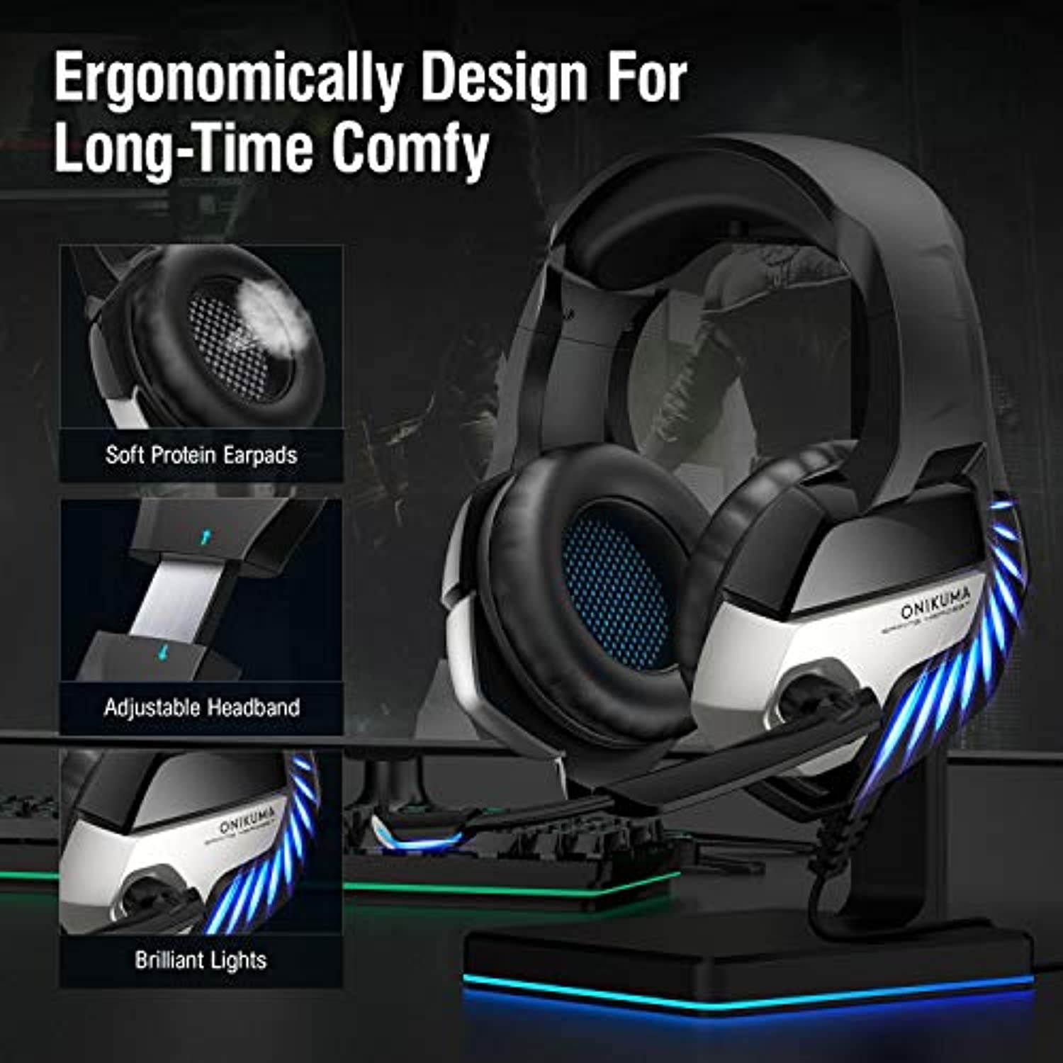ONIKUMA Gaming Headset for PS4, Gaming Headphones with 7.1 Surround Sound, Xbox One Headset with Noise Canceling Mic LED Light, Over-Ear Headphones for PS4, Xbox One, PC, Mac, Laptop (Black)