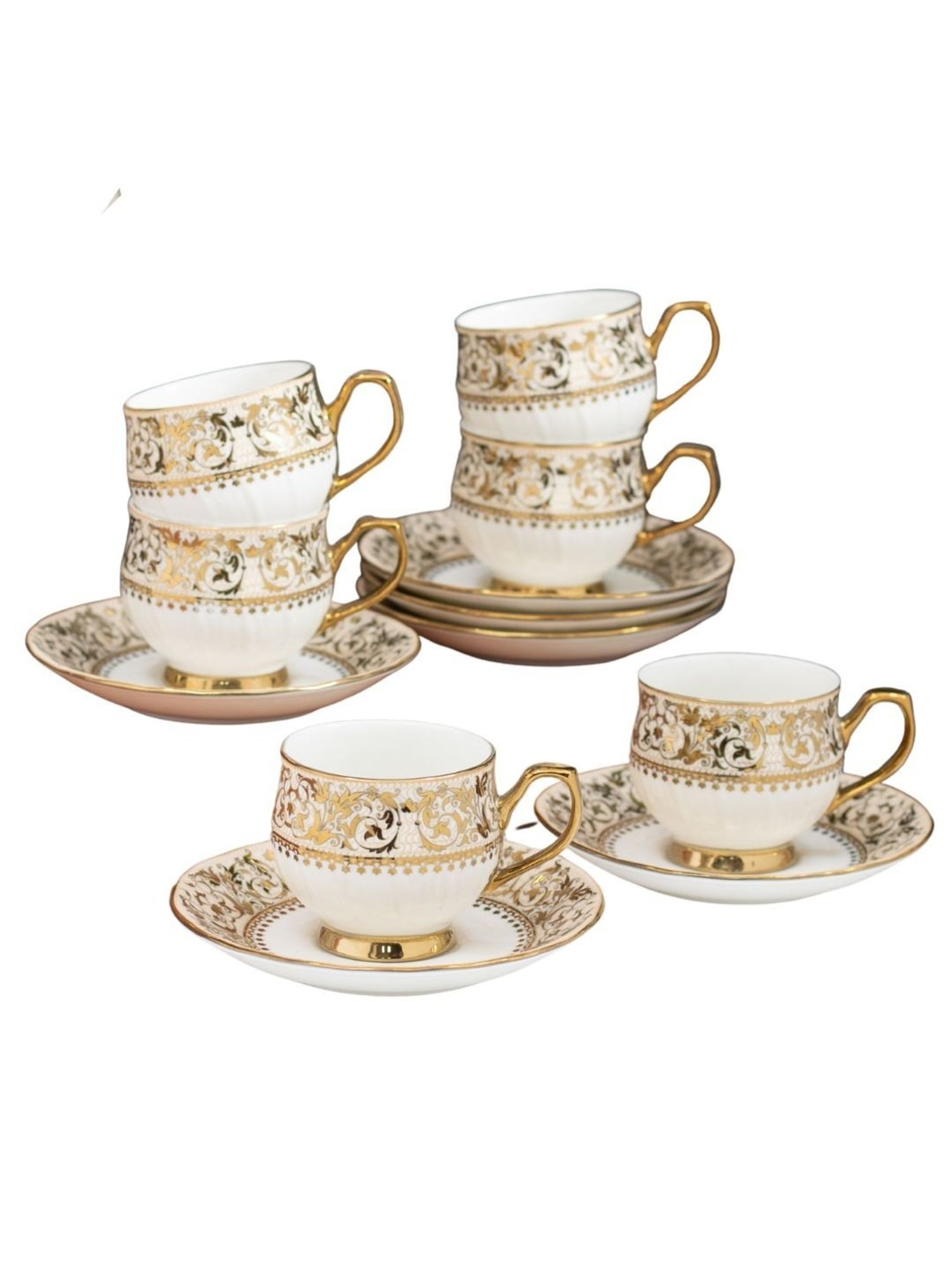Clay Craft Fine Printed Gold Ceramic Cup & Saucer 180 ml - Set of 12