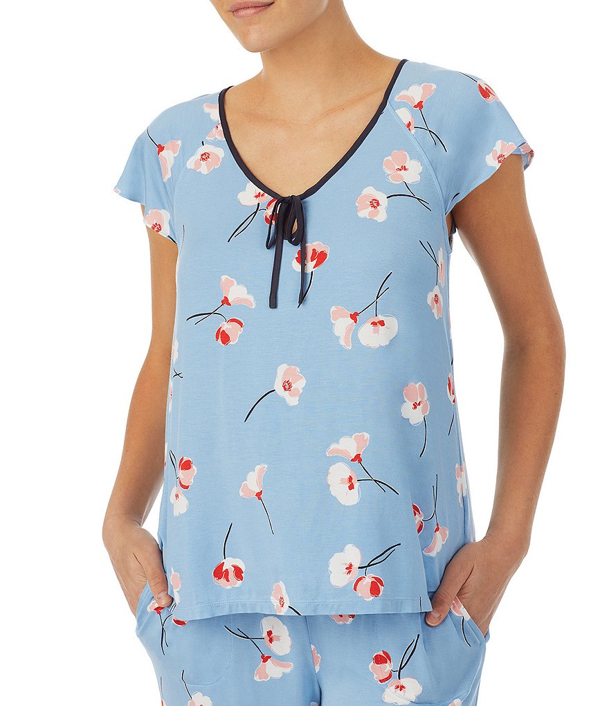 kate spade new york Floral Print Jersey Cropped V-Neck Short Flutter Sleeve Coordinating Pajama Set