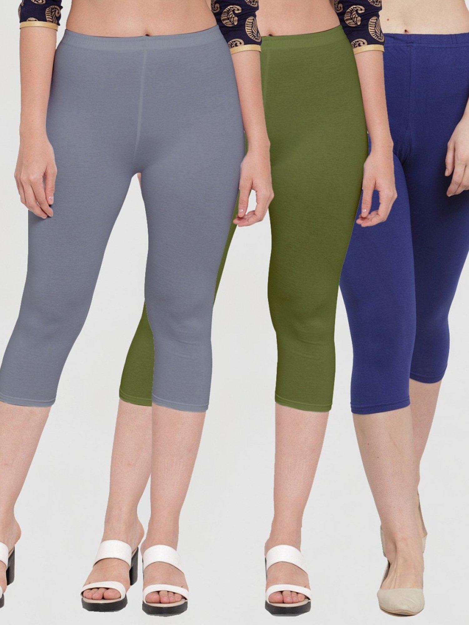Gracit Grey & Green Mid Rise Capris - Pack Of 3