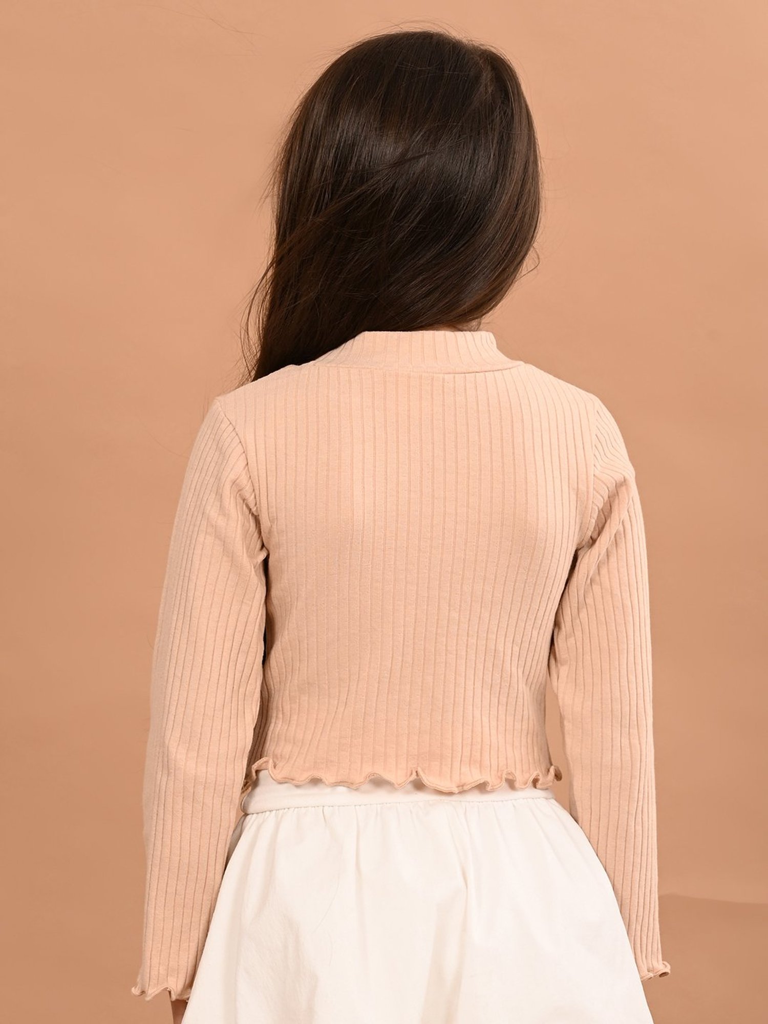 LilPicks Kids Beige Solid Full Sleeves Crop Top