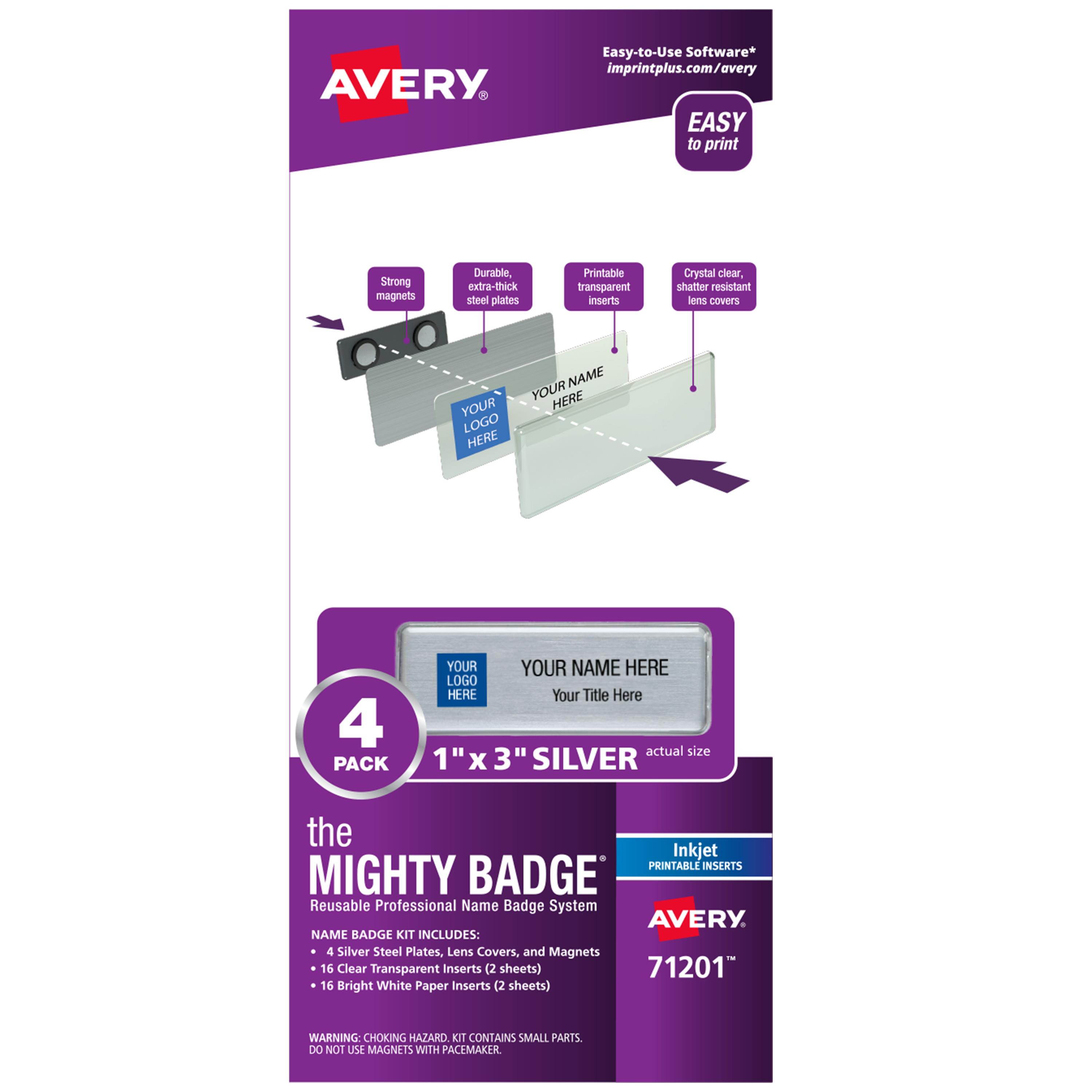 The Mighty Badge, 1&rdquo;x3&rdquo; Silver, 4 Reusable Name Tags 32 Inkjet Inserts