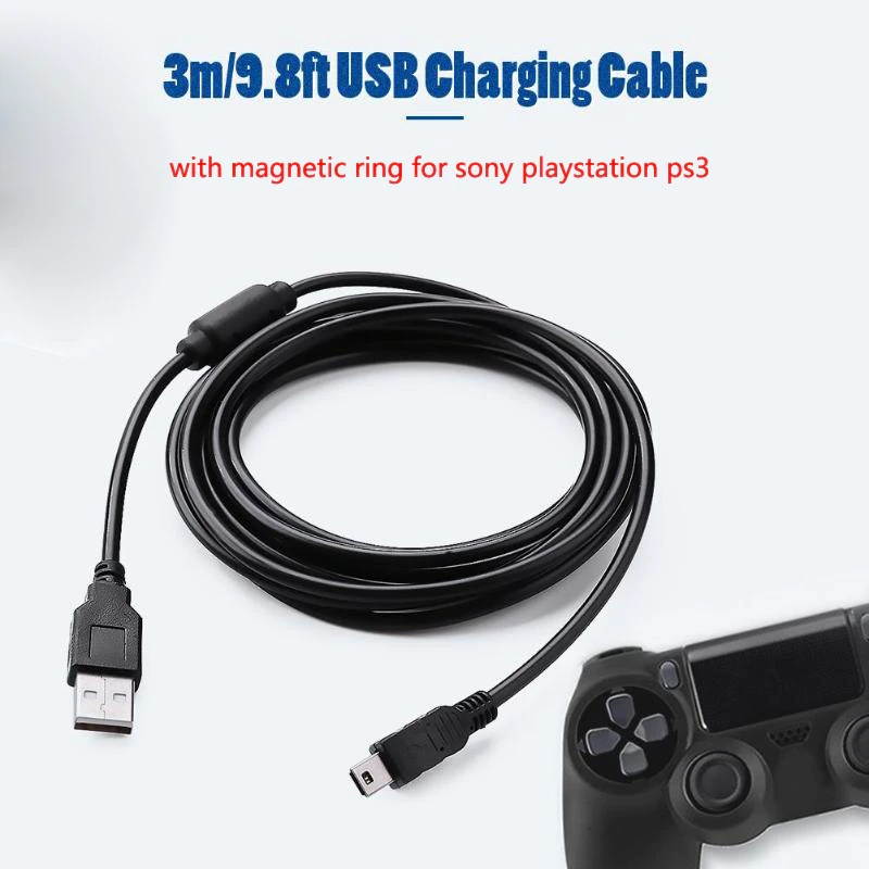 3m/9.8ft USB Charging Cable with Magnetic Ring for PS3 Wireless Controller USB Charger for Sony Playstation PS3 Accessories