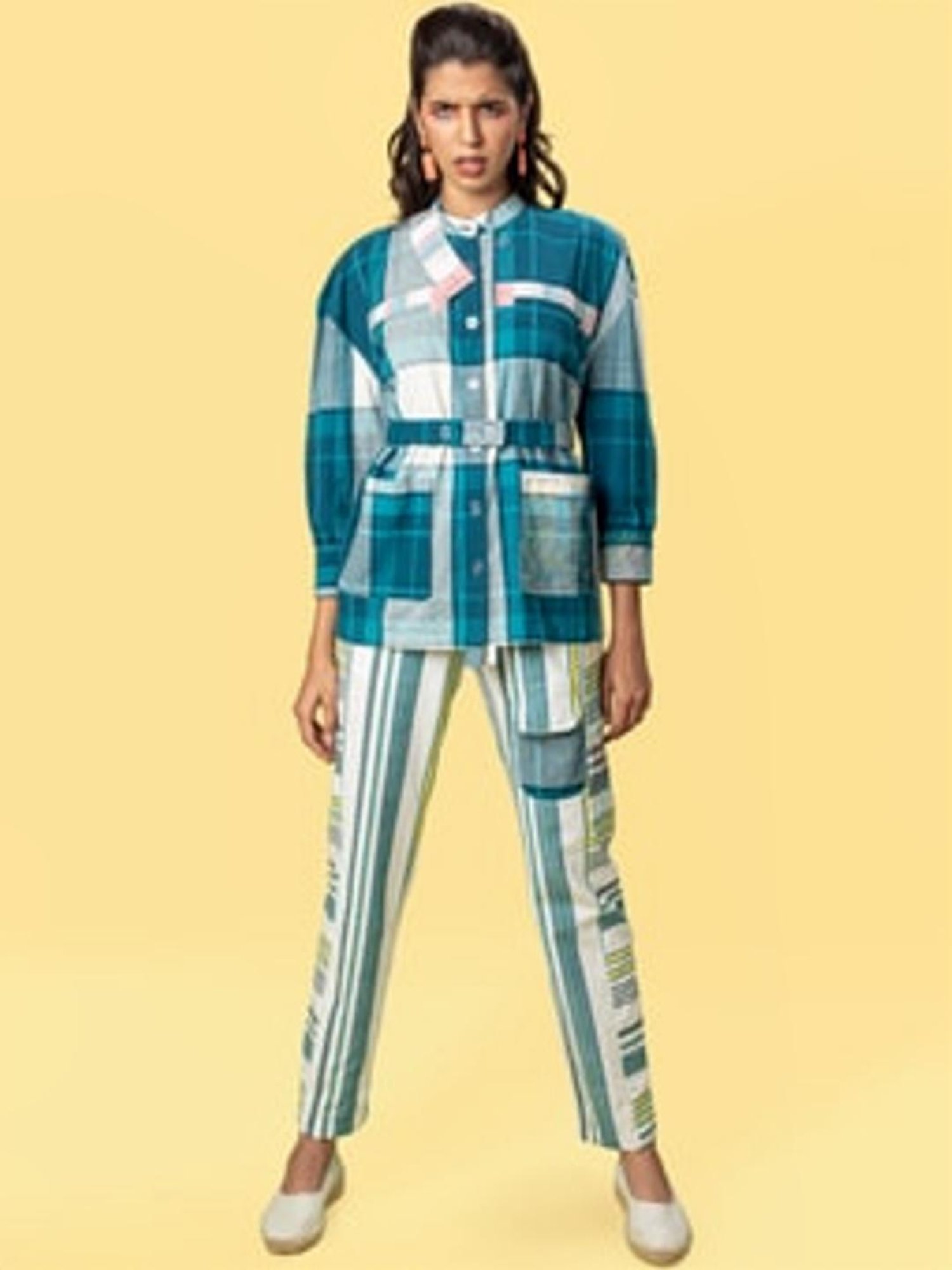 Anushe Pirani White & Teal Of Myriad Minds Safari Pants