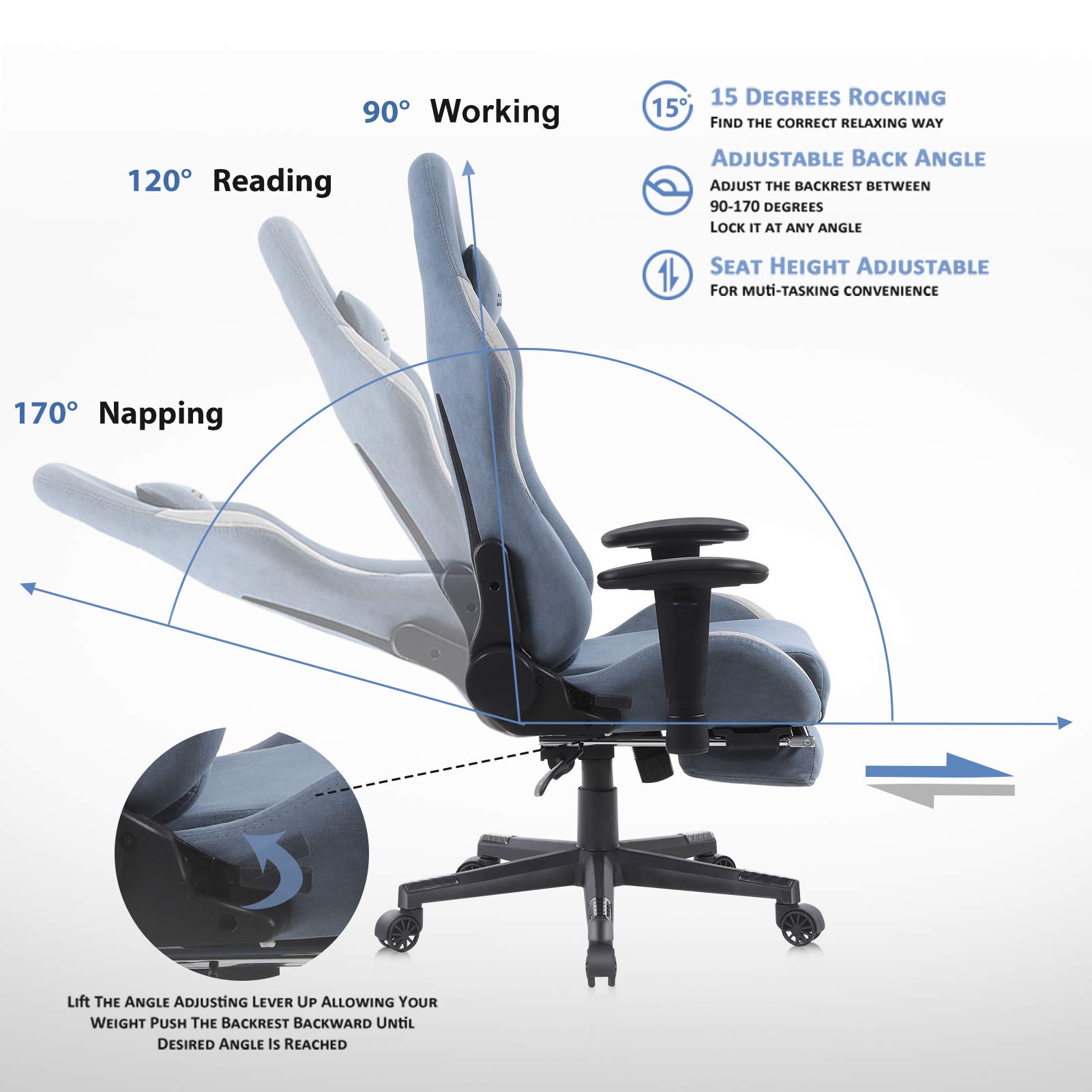 Dowinx Gaming Chair Breathable Fabric Office Chair with Massage Lumbar Support, High Back Ergonomic Comouter Chair Adjustable Swivel Task Chair with Footrest (Blue)