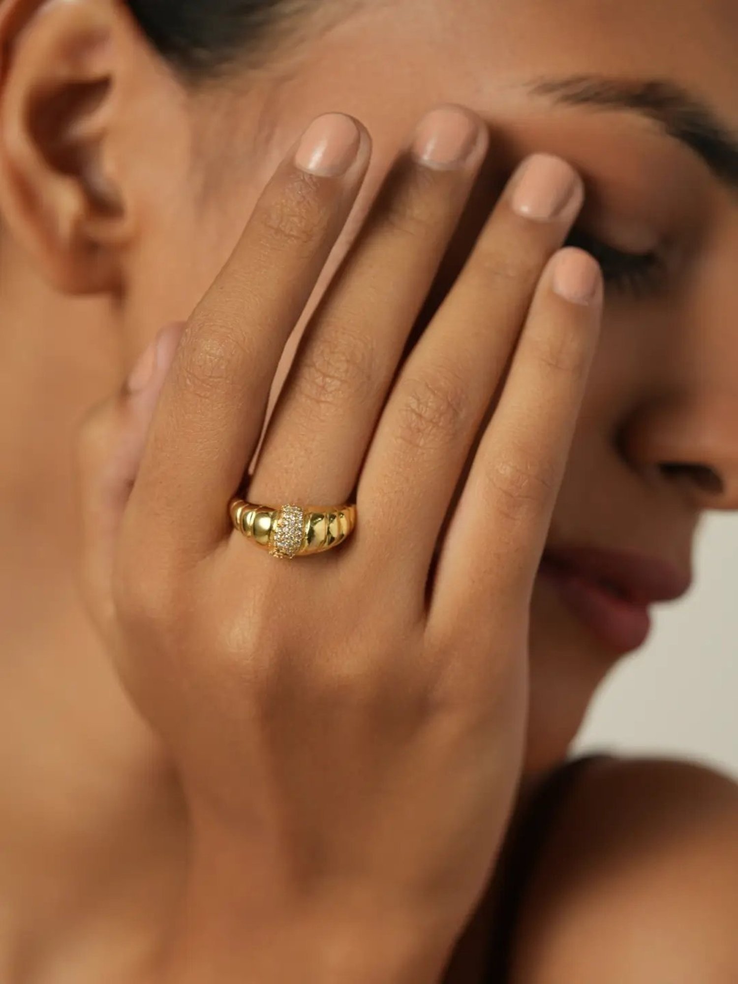 Mabel 92.5 Sterling Silver 18k Gold-Plated Studded Croissant Adjustable Ring