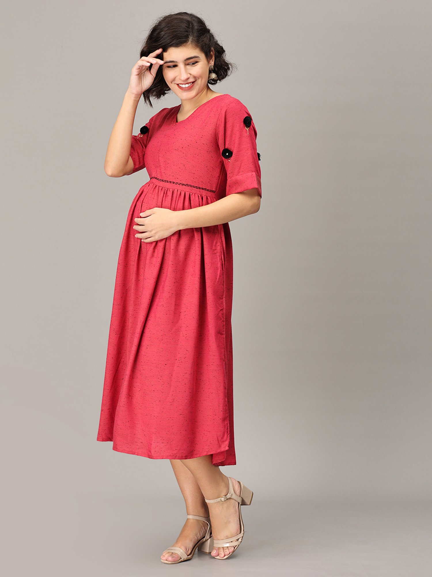The Mom Store Magenta Embroidered Maternity Midi Dress