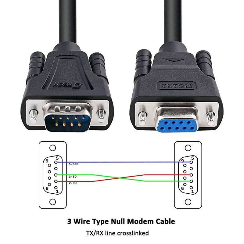 DB9 RS232 Serial Cable Male to Female Extension Null Modem Cord Cross TX RX line for Data Communication (10 Feet, Black)