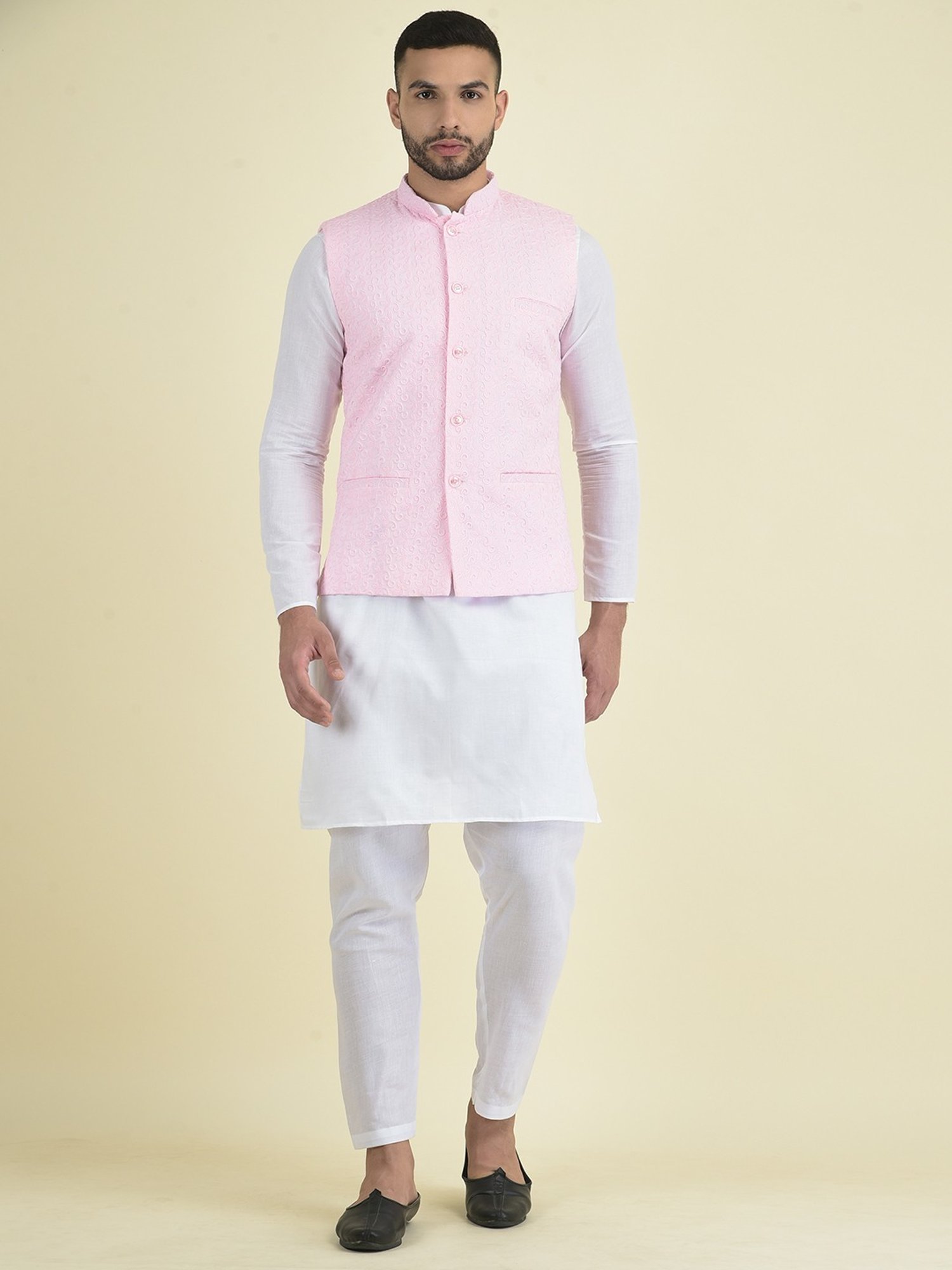 Deyann Pink & White Cotton Regular Fit Embroidered Kurta Set With Jacket