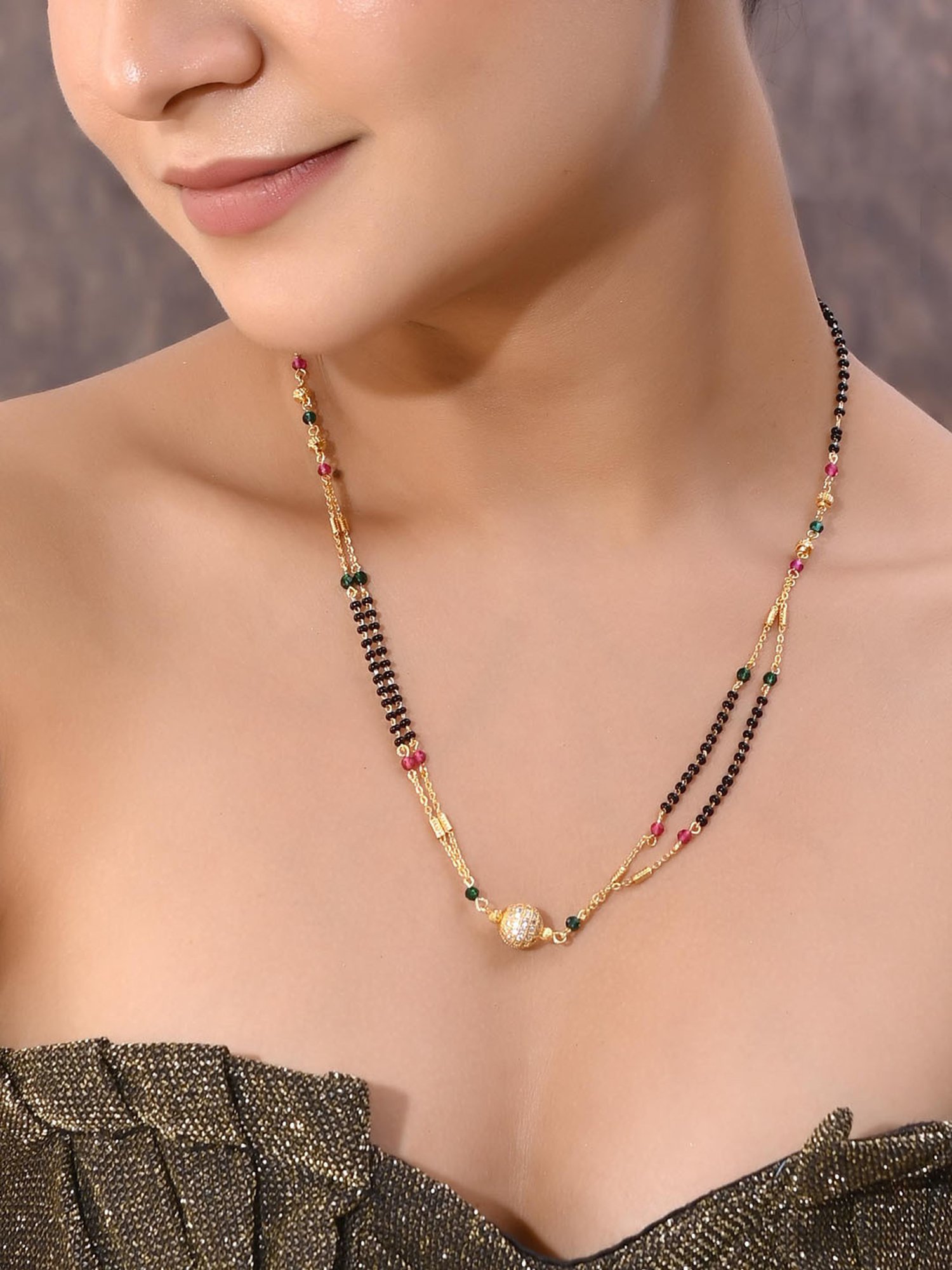 VOJ Gold-Plated Ad-Studded & Beaded Layered Mangalsutra for Women