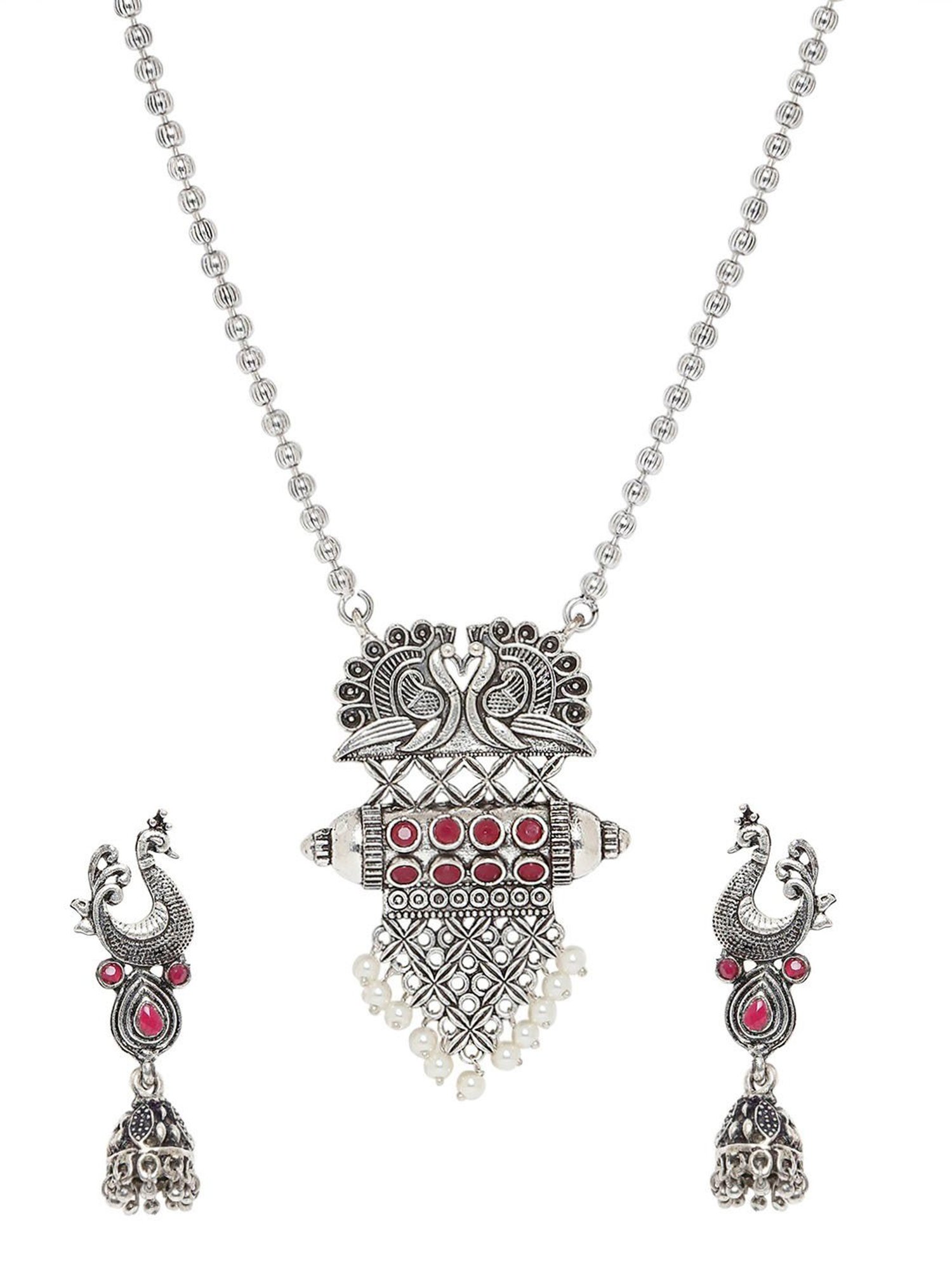OOMPH Oxidized Silver Look Alike Maroon Stone Peacock Long Necklace Set with Drop Earrings