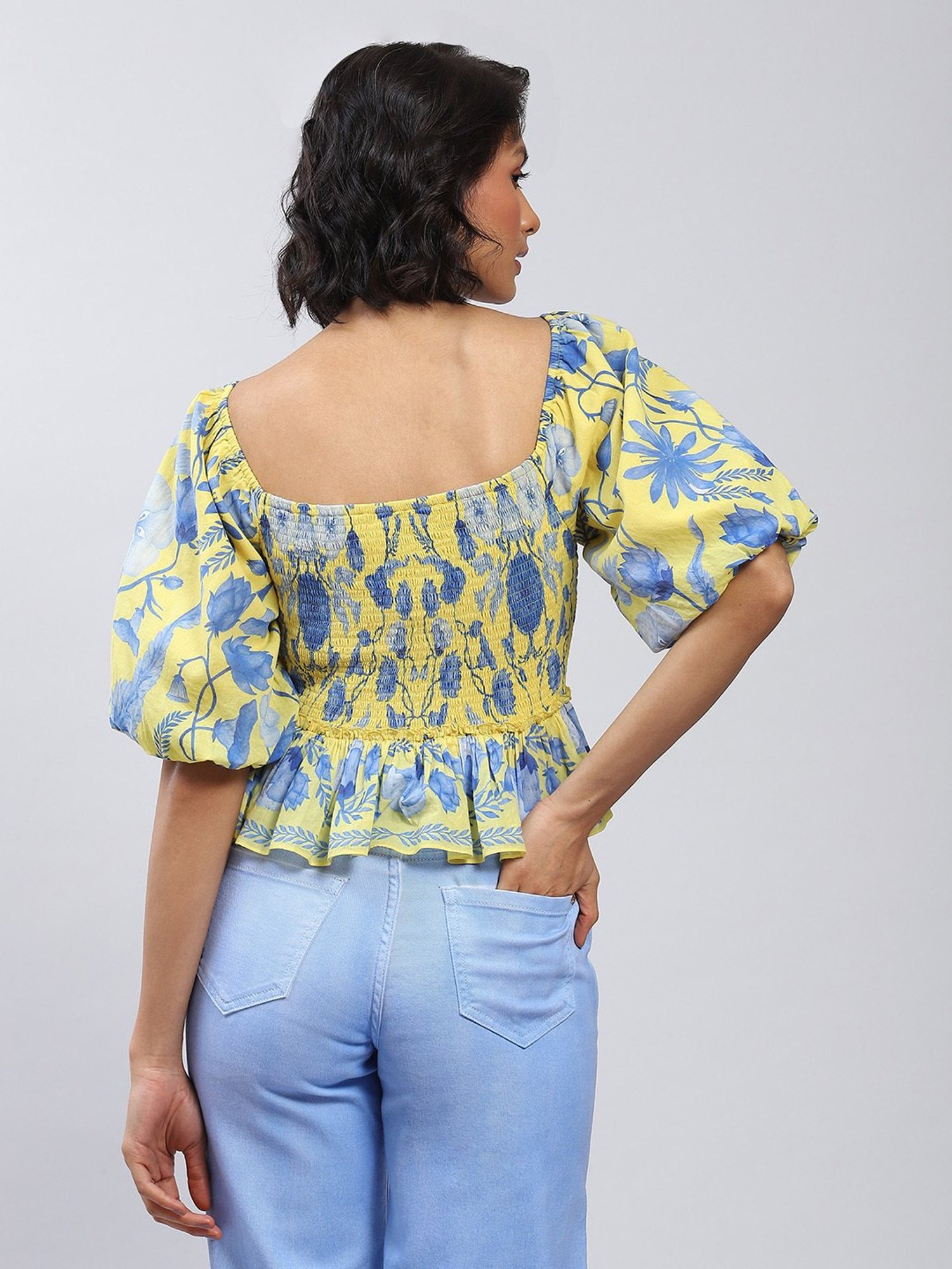 Label Ritu Kumar Yellow Floral Print Peplum Top