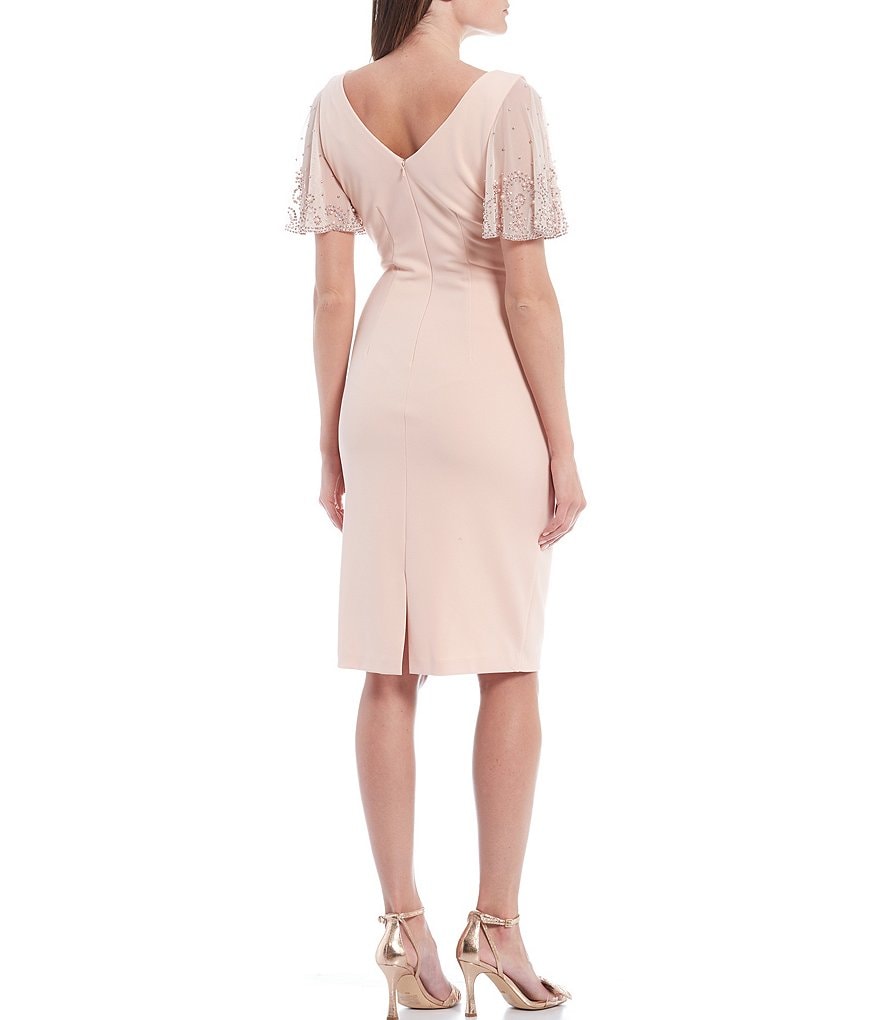 Betsy & Adam Beaded Flutter Short Sleeve V-Neck Scuba Crepe Sheath Dress