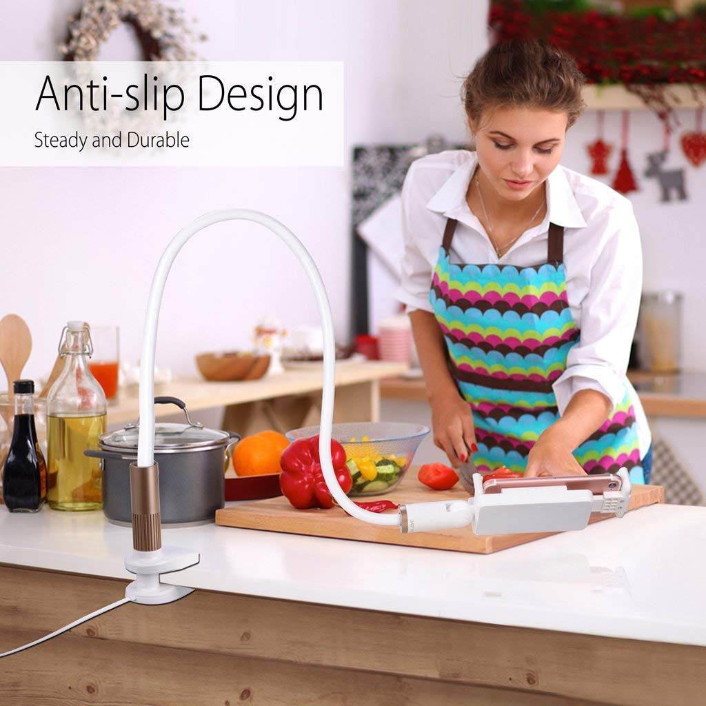 Avantree Cell Phone Holder Clip On Lamp for Bed, Gooseneck Desk Lamp LED Light, Universal Lazy Bracket, Flexible Long Arm for 4-6.3" Phones Mobile Stand - CP901L