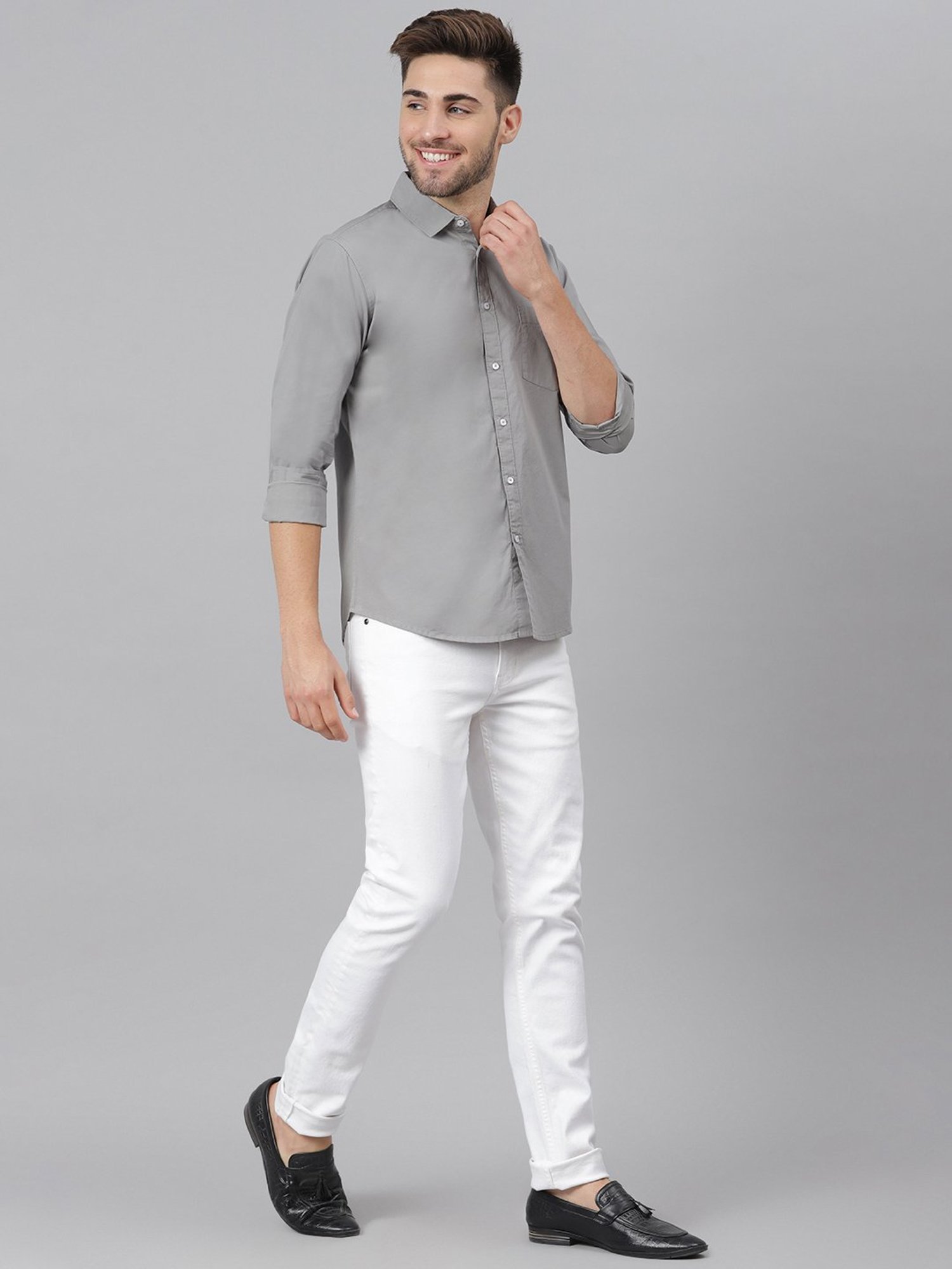 Dennis Lingo Grey Cotton Slim Fit Shirt