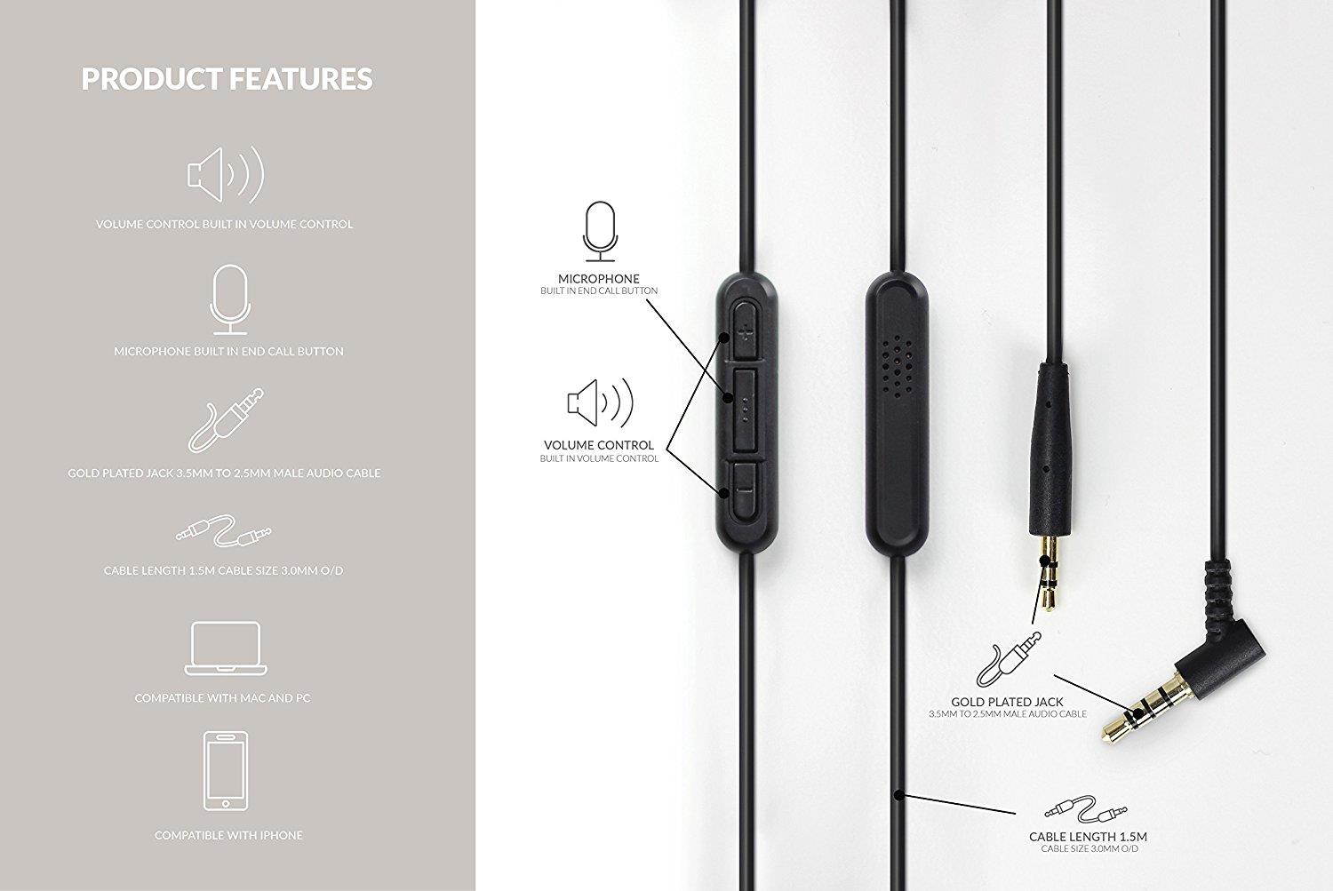 1.5M Bose OE2 Replacement Audio Cable For Bose OE2/OE2i/QC25