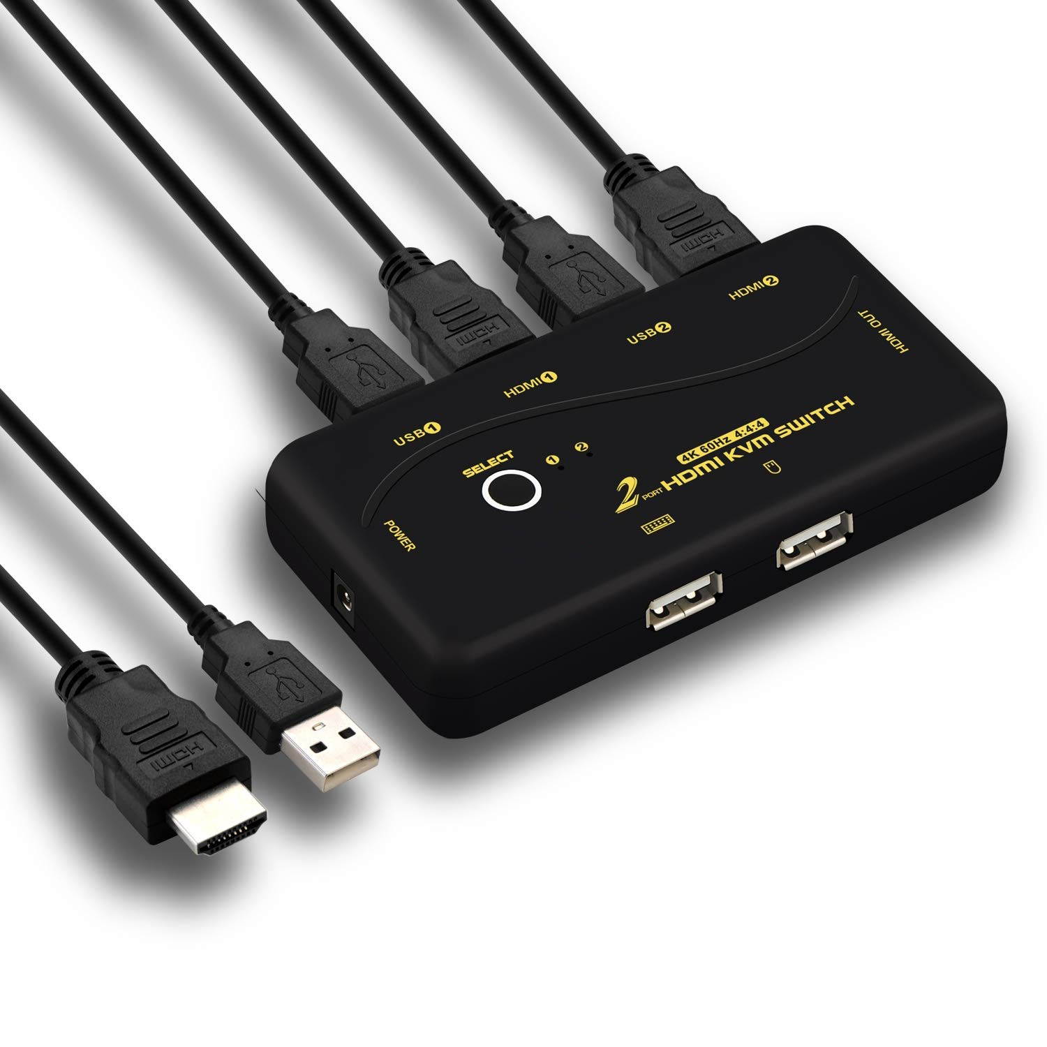 4096x2160@60Hz 4:4:4 Ultra HD 2 Port HDMI KVM Switch with Cables Support HDMI 2.0, HDCP 2.2, HDR 10, EDID for Linux, Windows, Mac, Unix