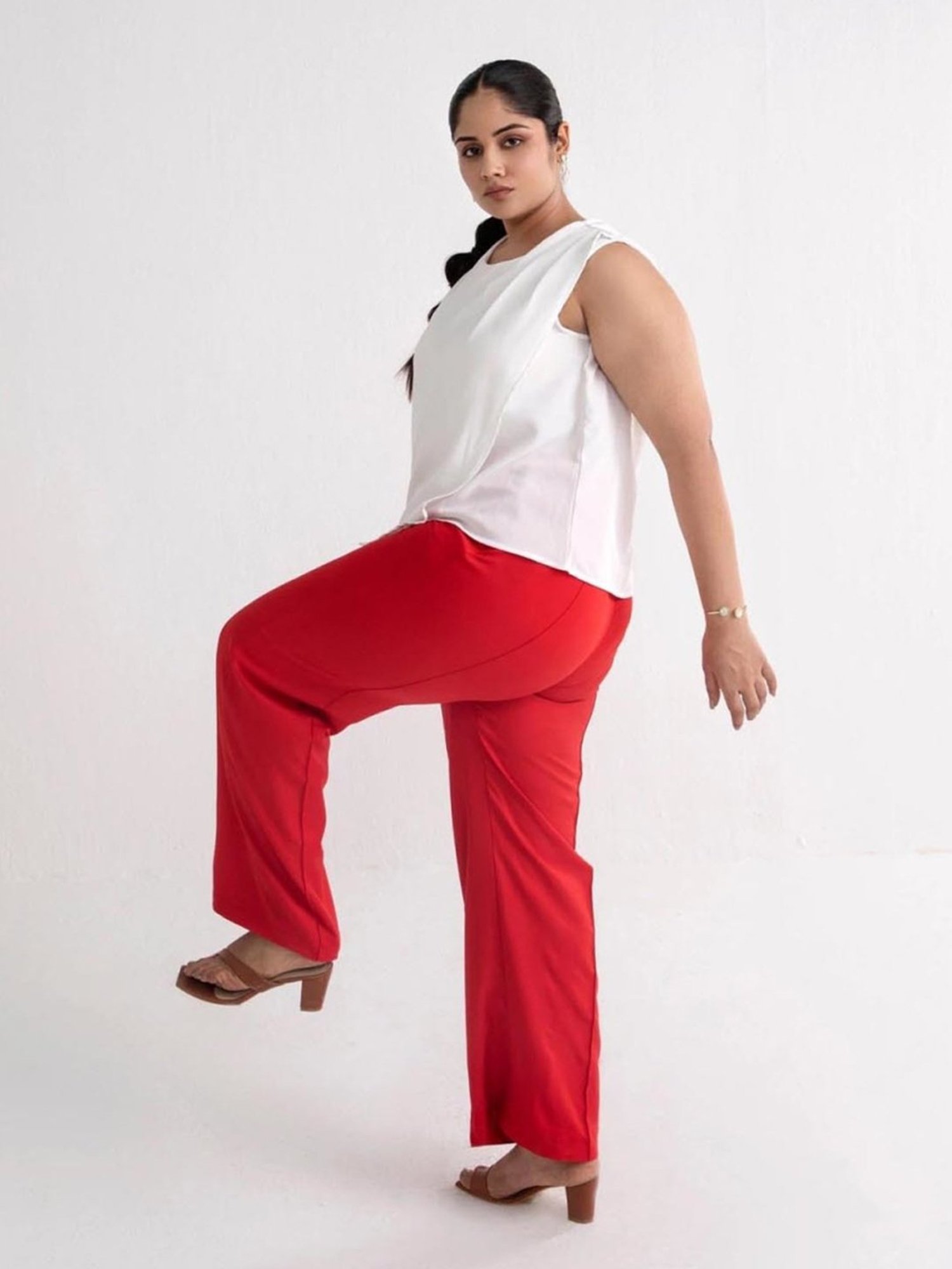 Qua Apple Red Creased Wide Leg Trousers