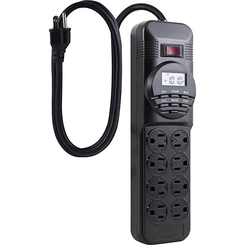 7-Day Programmable Power Strip with Digital Timer, 8 Grounded Outlets (4 Timed / 4 Always On), Indoor, 15 Amp, 1800W, Easy Presets and Custom Settings for Weekly Cycle, Minute Intervals, 15077 Black