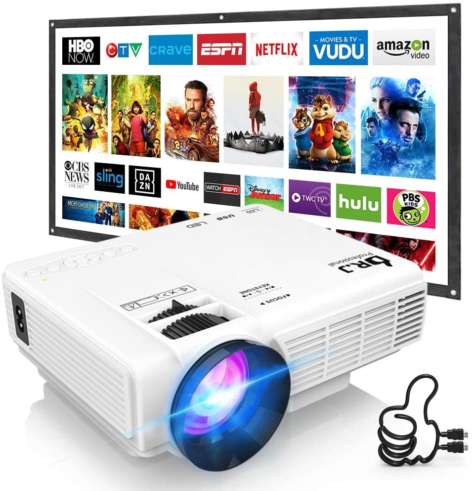 DR. J Professional HI-04 Mini Projector Outdoor Movie Projector with 100Inch Projector Screen, 1080P Supported Compatible with TV Stick, Video Games, HDMI,USB,TF,VGA,AUX,AV [Latest Upgrade]