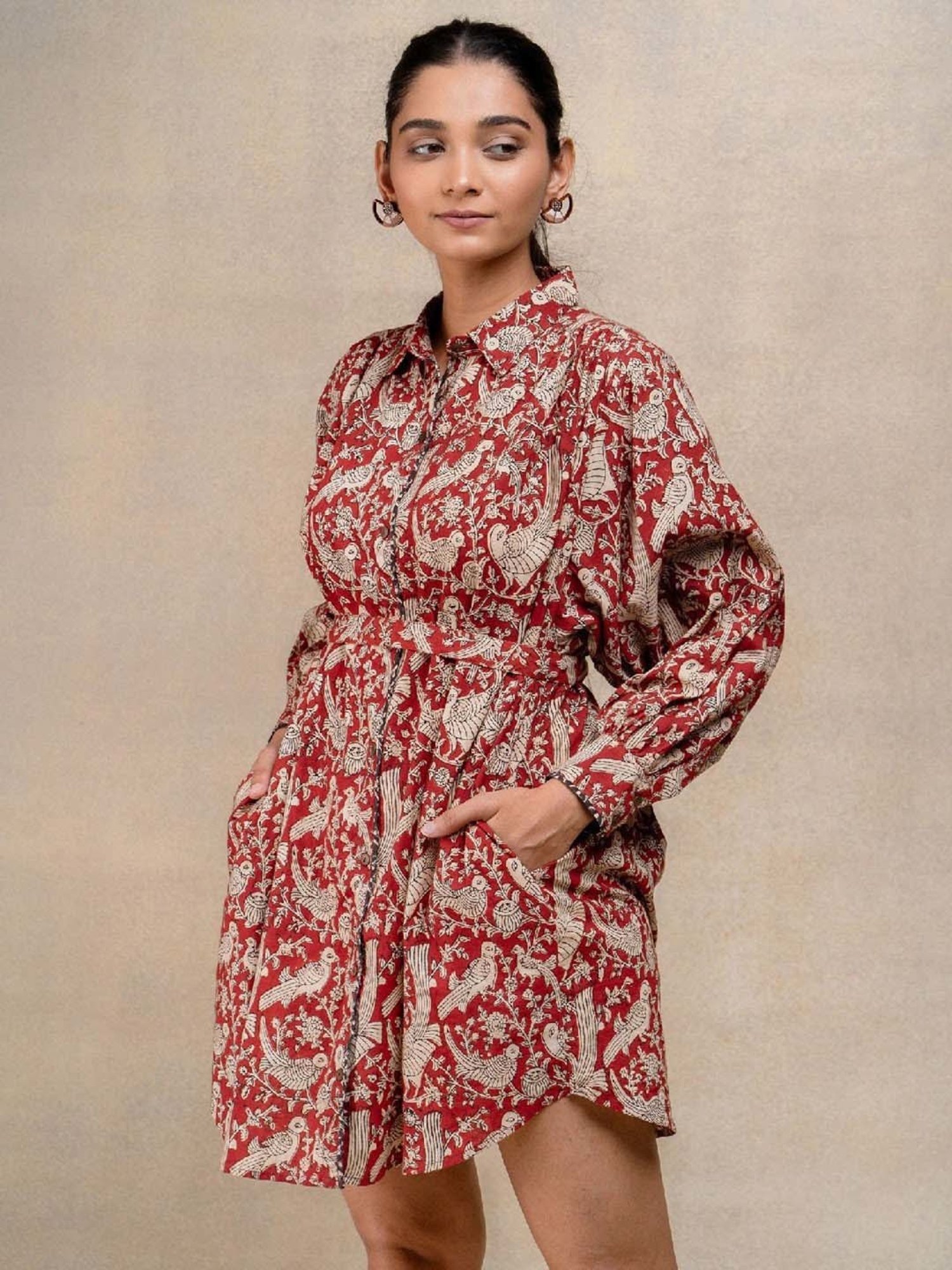 Okhai Red Floral Print Pure Cotton Ethnic Dress With Belt