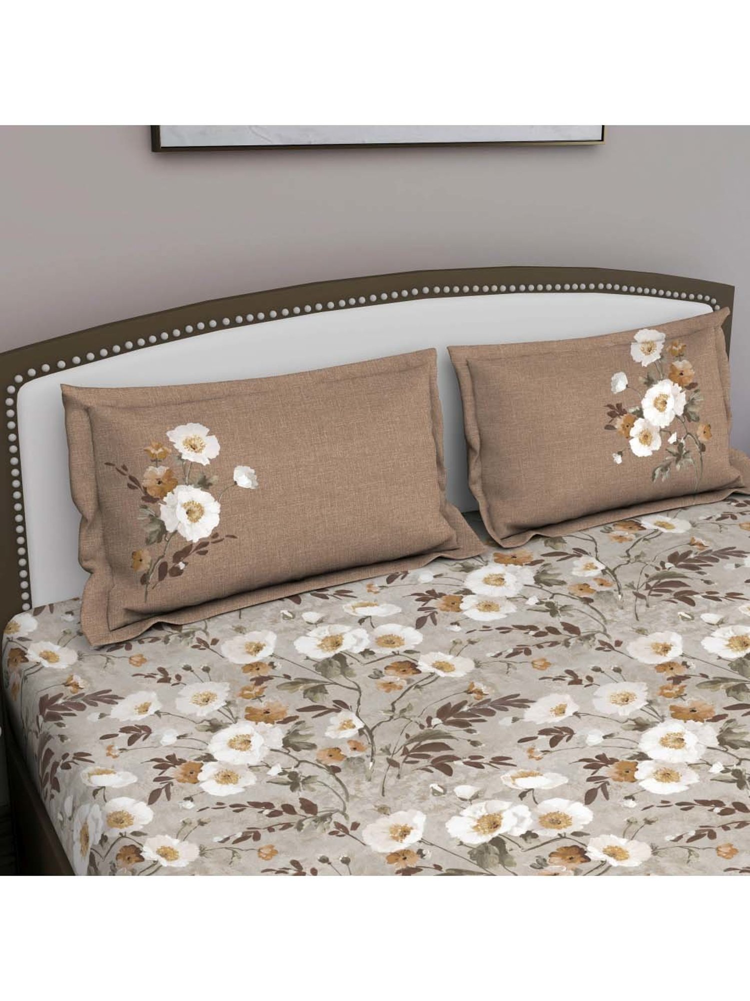 GM 'Fiesta' Brown Cotton 180 TC Double Bedsheet with 2 Pillow Covers