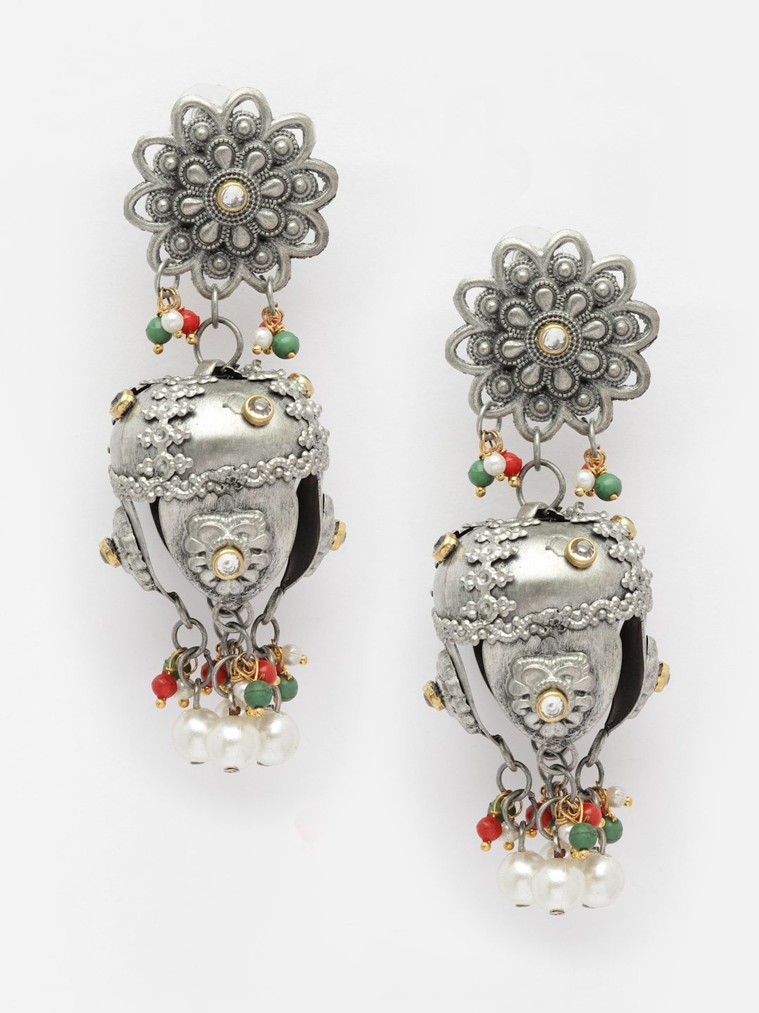 Moedbuille Stones and Pearls Tasselled Design Filigree Work Oxidised Silver Plated Earrings