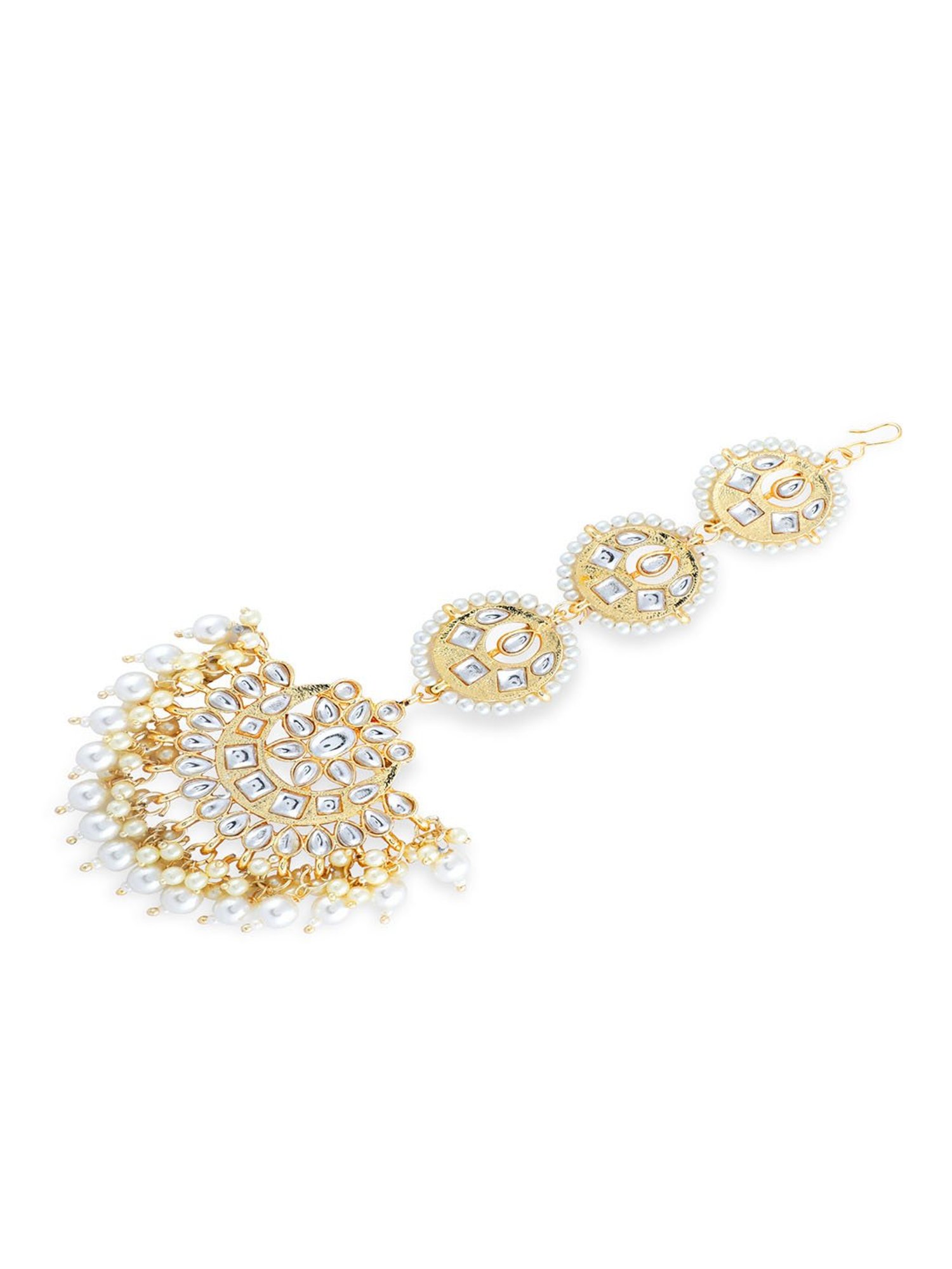 Fida White Pearls Beads Kundan Gold-Plated Crescent Maangtikka for Women