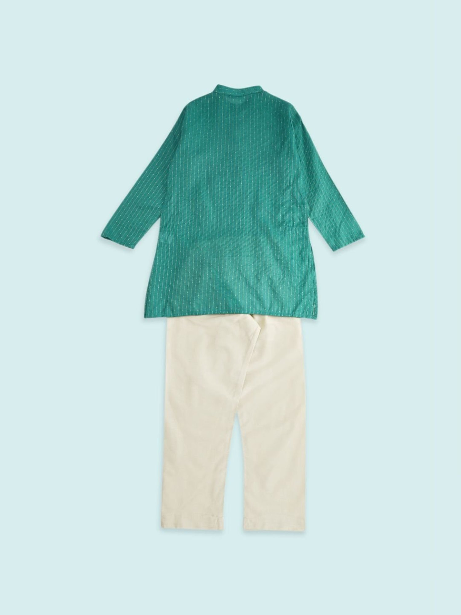 Indus Route by Pantaloons Kids Teal Blue & White Embroidered Full Sleeves Kurta Set