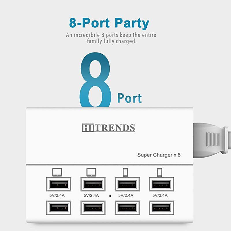 USB Charger  8 Ports Charging Station 50W10A Multi Port USB Charging Hub for Multiple Devices 5ft Cord White