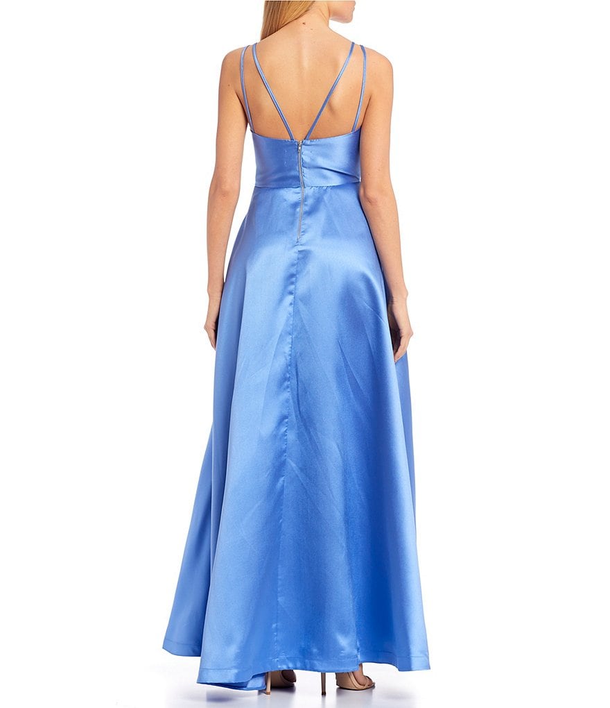 Sequin Hearts Surplice Satin Bodice High-Low Side Slit Long Dress