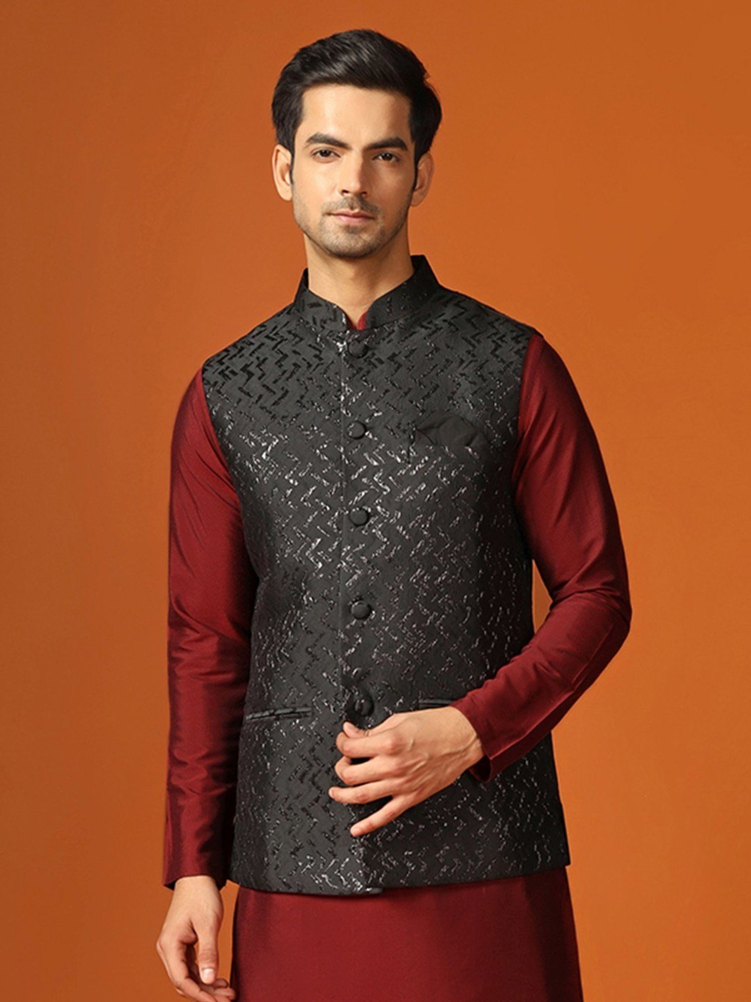 KISAH Black Regular Fit Self Pattern Nehru Jacket