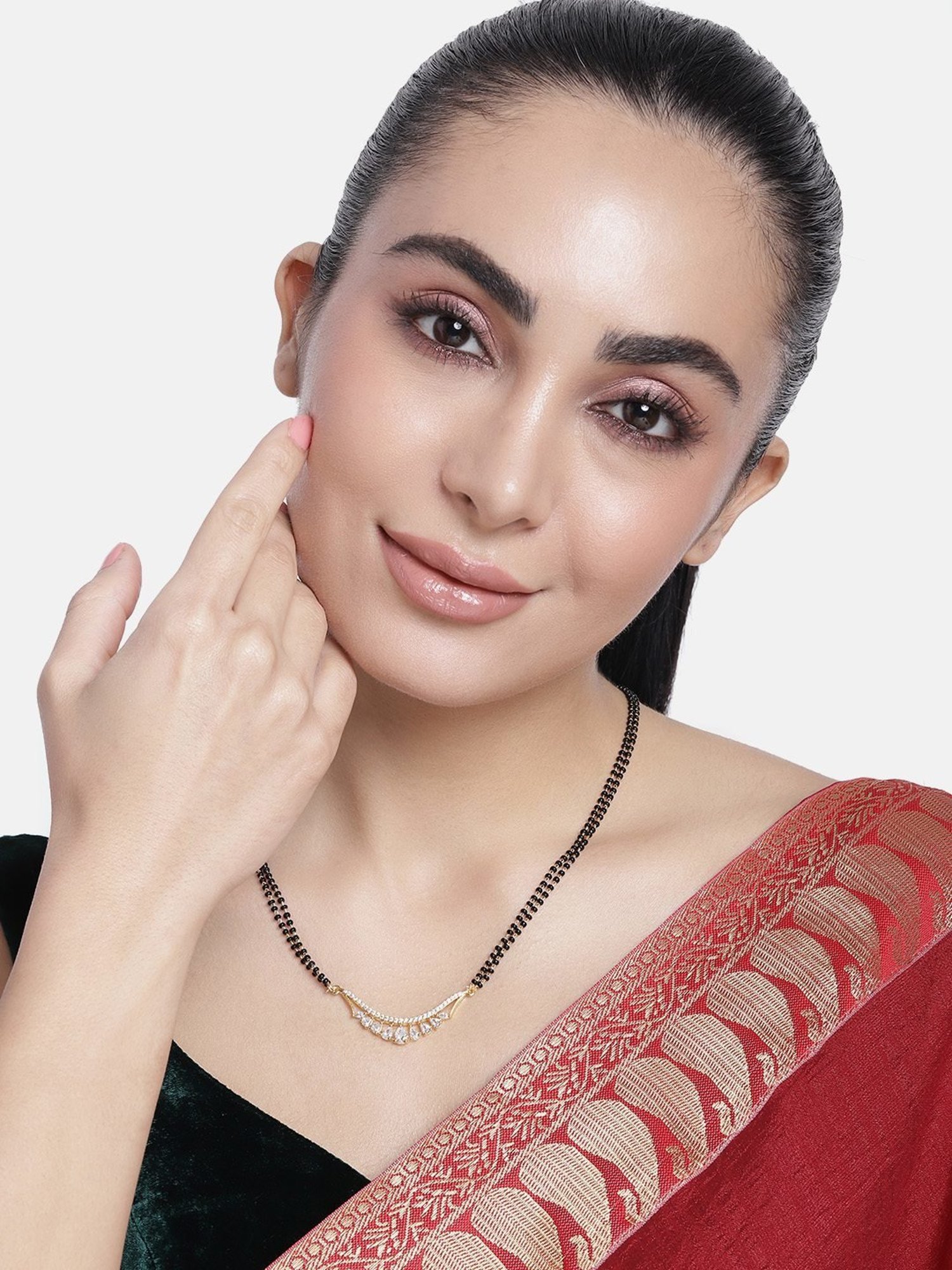 Abdesigns Gold-Plated American Diamond & Black Beaded Mangalsutra