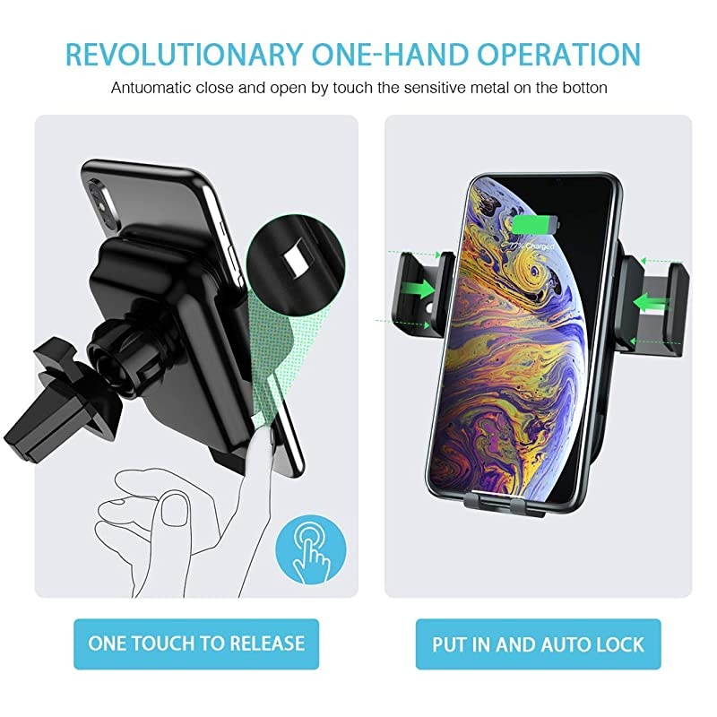 Wireless Car Charger,  Qi Auto-Clamping Air Vent Dashboard Car Phone Holder & QC3.0 Car Charger, 10W Compatible for Galaxy S10/S10+/S9,Charging for iPhone 11/11 Pro/11 Pro Max/XSMax/XS/XR/X/8P/8