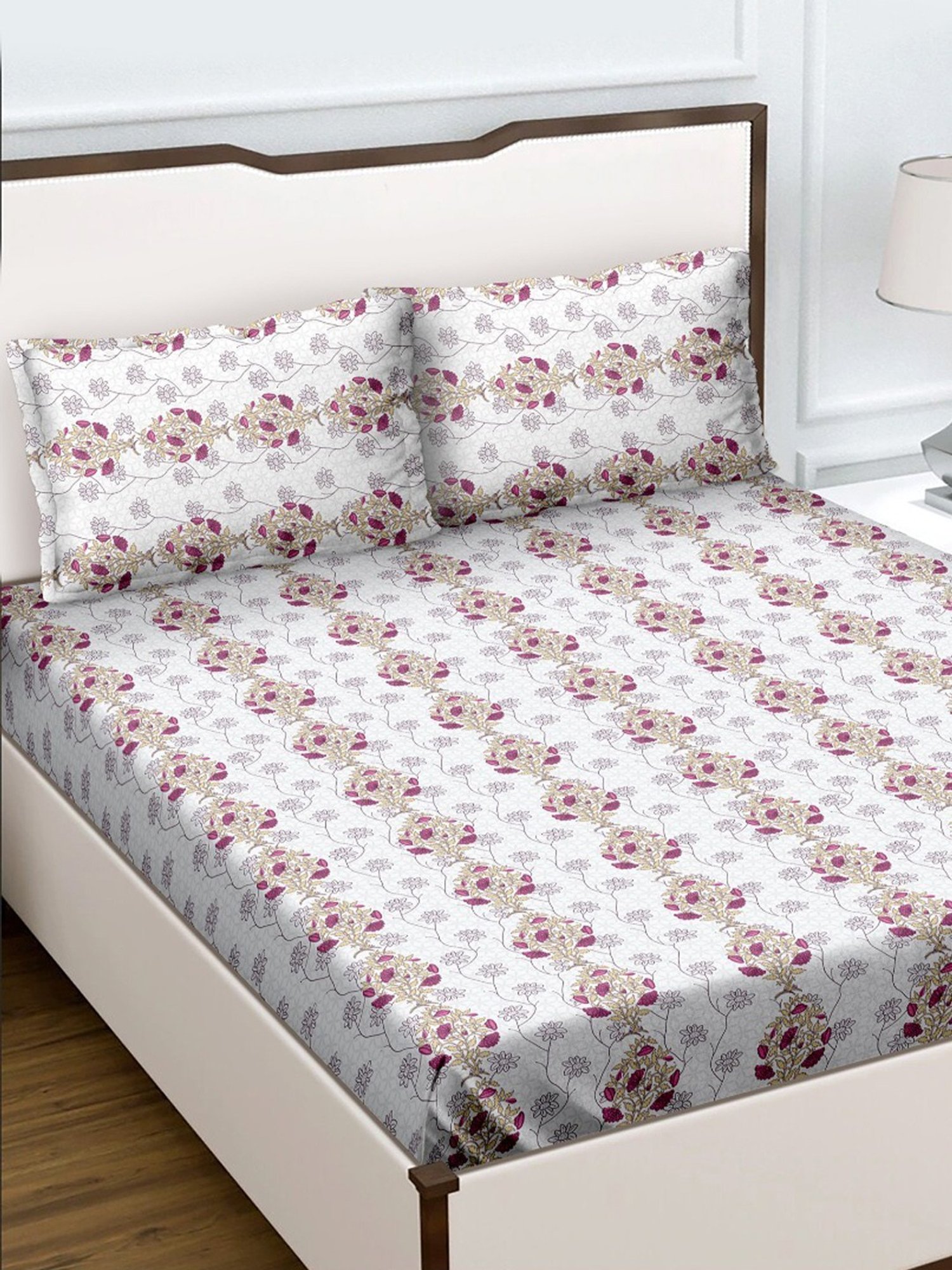 BELLA CASA Genteel Printed Beige 180 TC Cotton King Bedsheet with 2 Pillow Covers