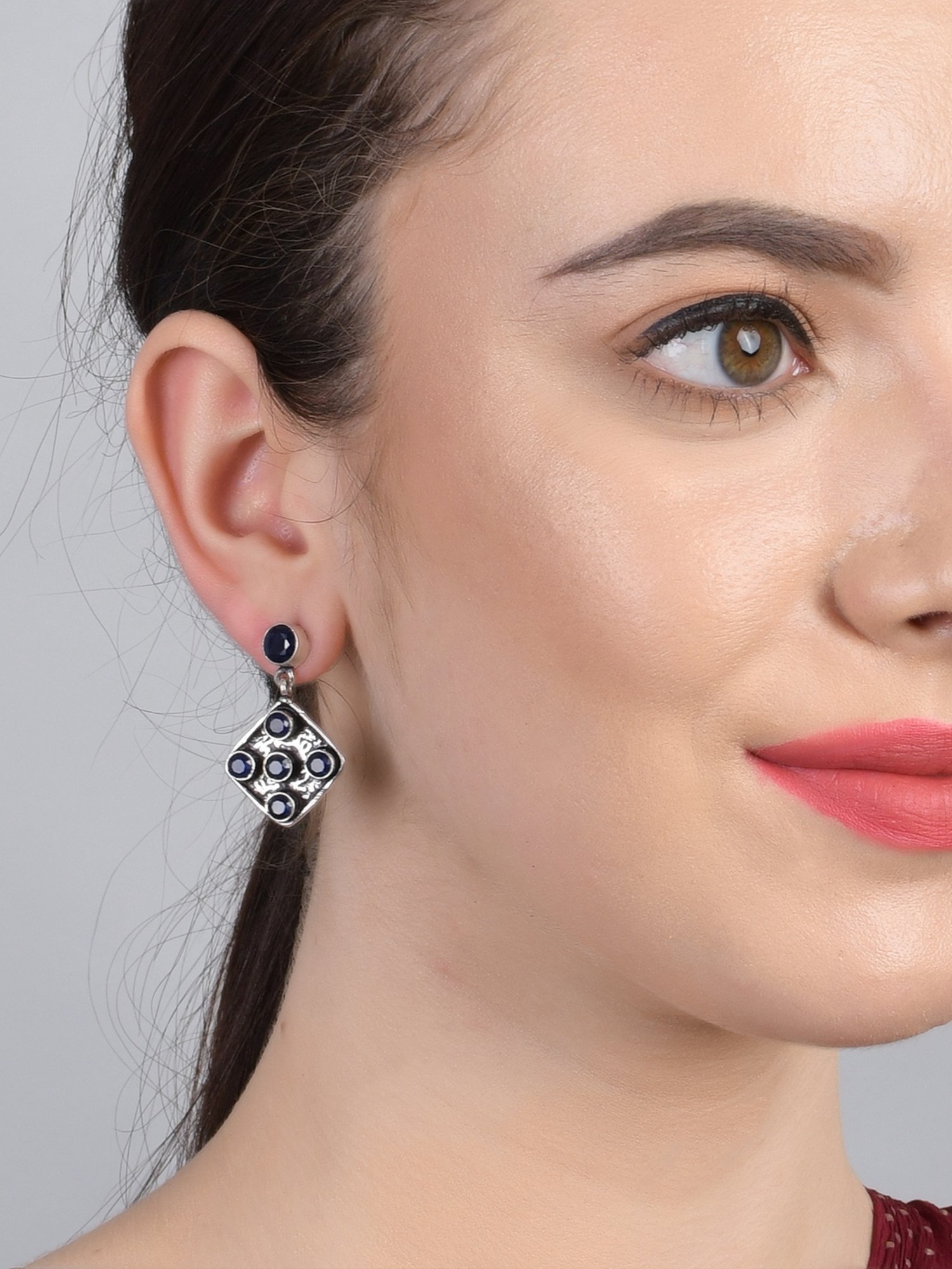 Imli Street Blue Silver Tone Stone-Studded Handcrafted Dangler Earrings