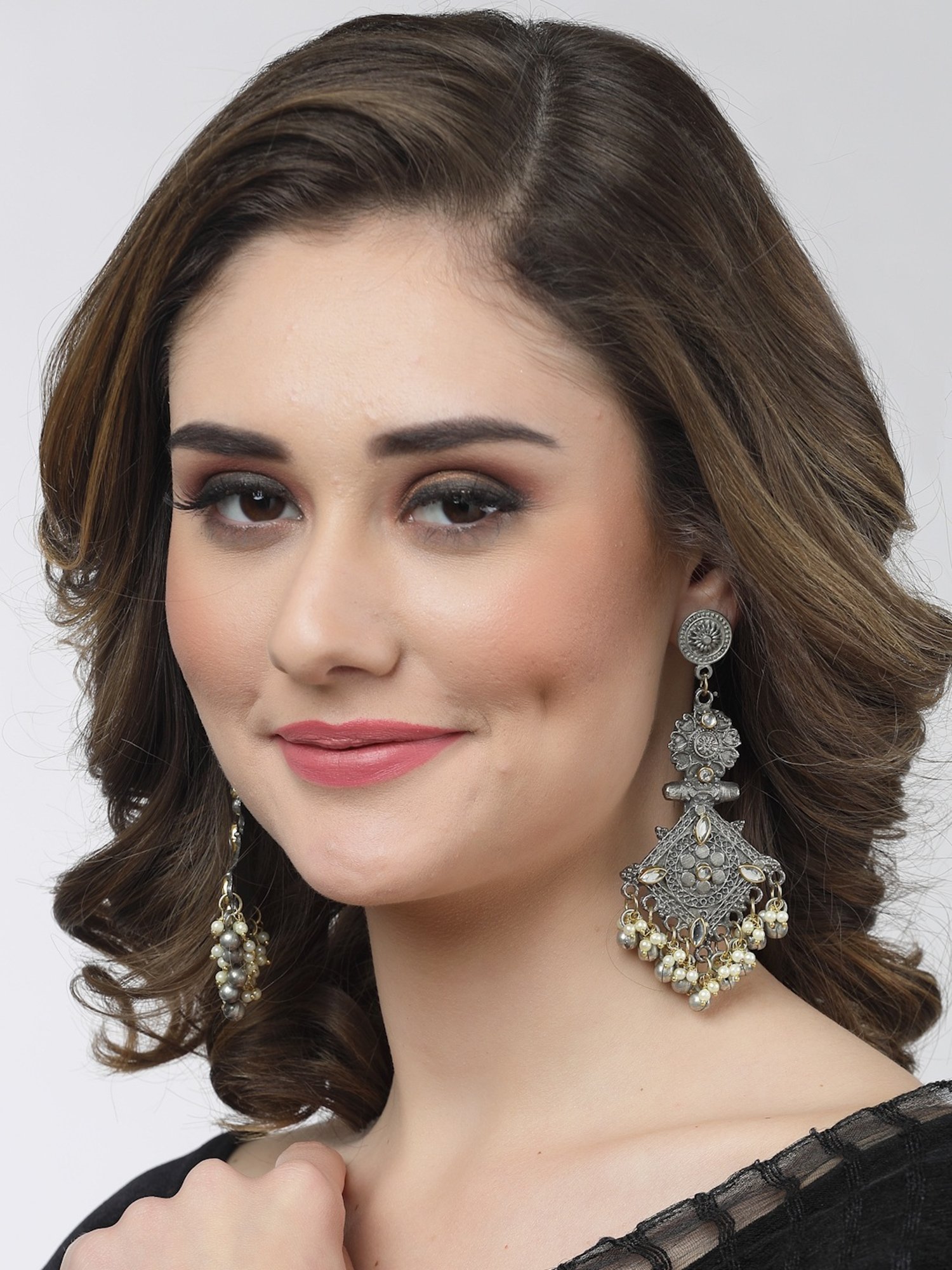 Moedbuille Crystal Ghungroo & Pearl Studded Antique Design Silver-Plated Tassel Dangler Earrings