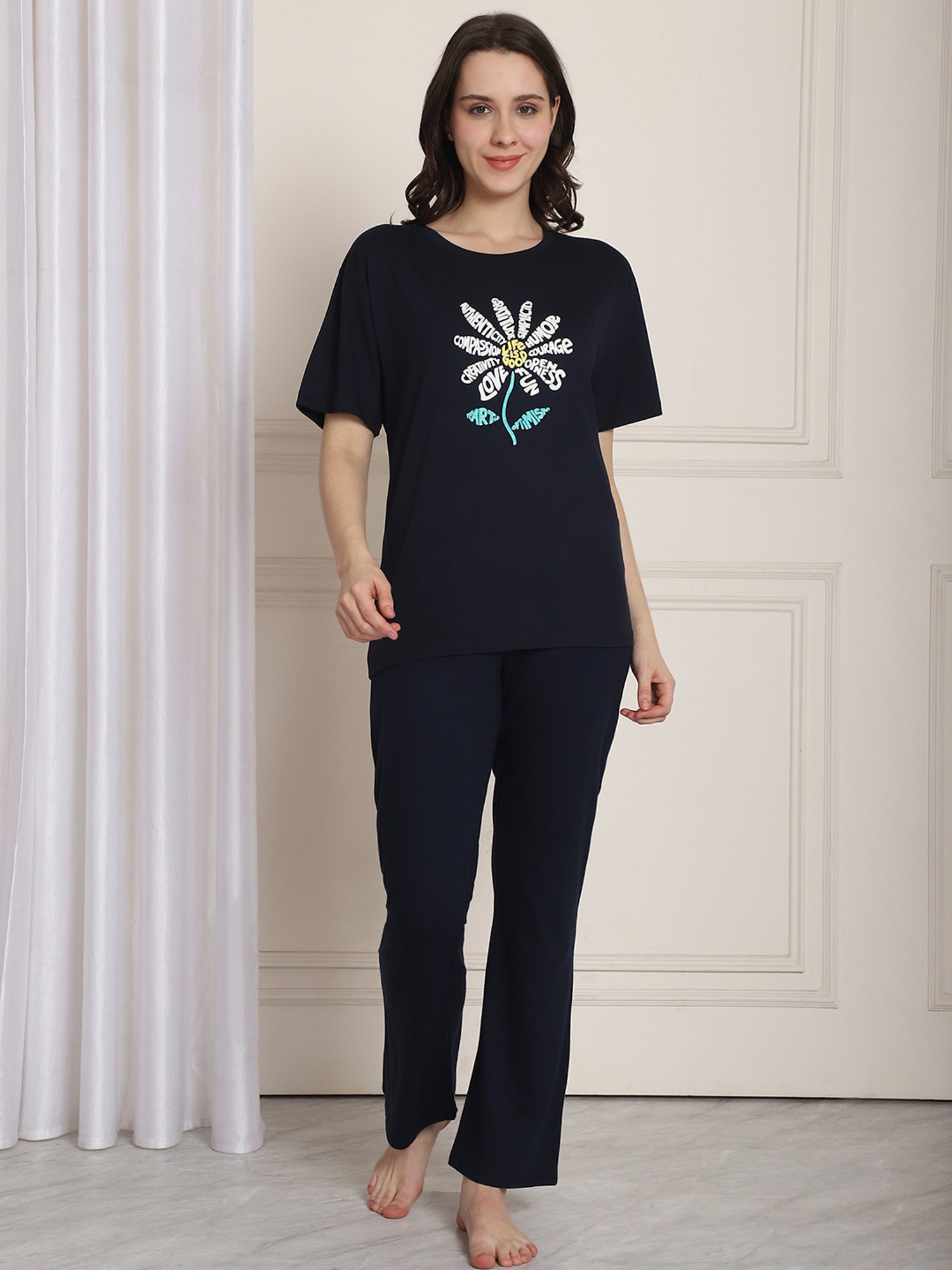 Kanvin Navy Cotton Printed Top Pyjamas Set