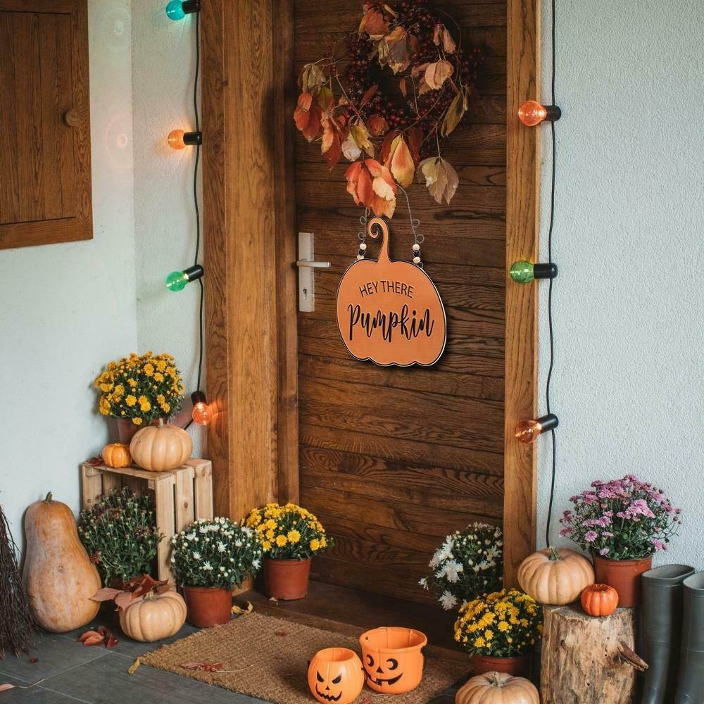 HEY THERE Pumpkin Autumn SIGN Wall Door Hanger Plaque Welcome Halloween Decor