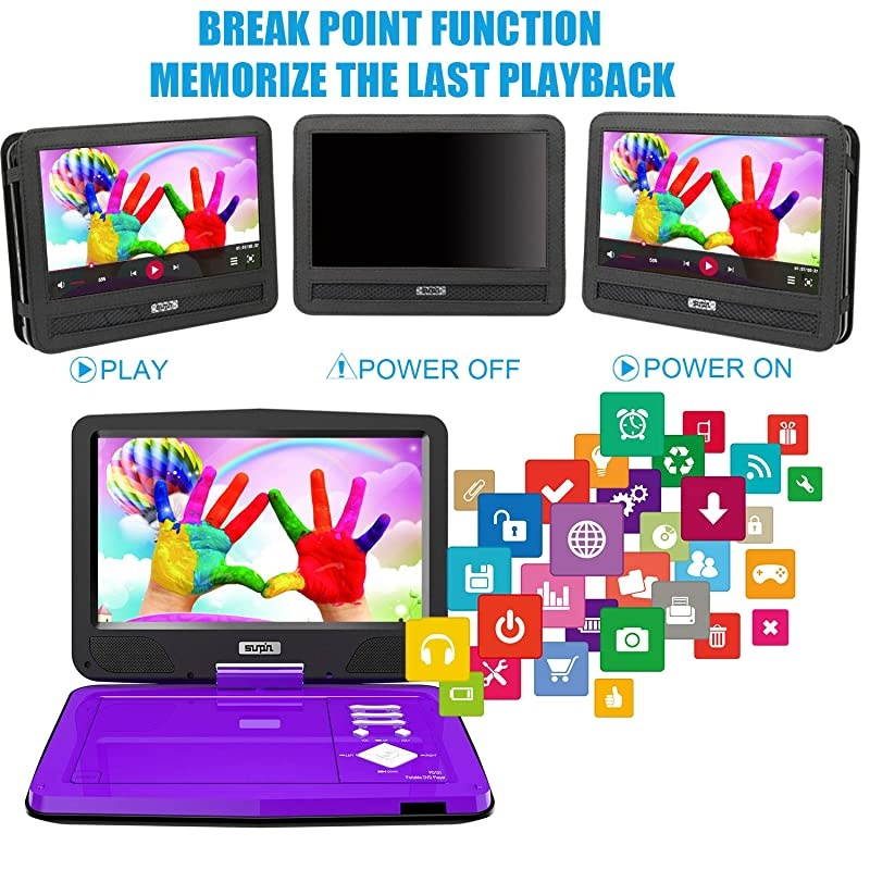 Portable DVD Player 12.5" with HD Swivel Screen,Long Lasting Battery, Support USB/SD Card/Sync TV and Multiple Disc Formats, with Car Charger &Power Adaptor & Car Headrest Mount Case, Purple