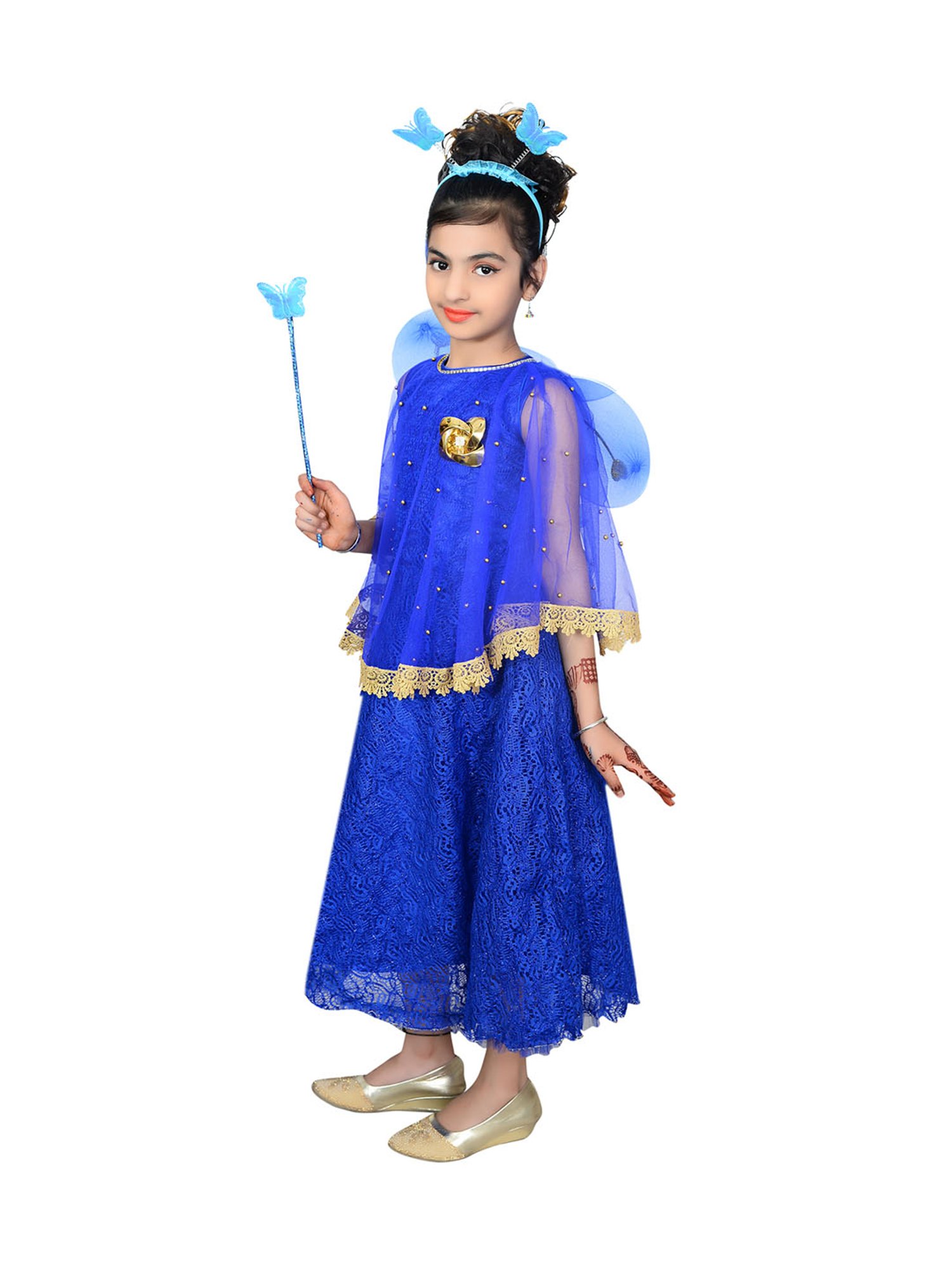 Ahhaaaa Kids Blue Embellished Dress, Wings, Hair Band with Fairy Stick