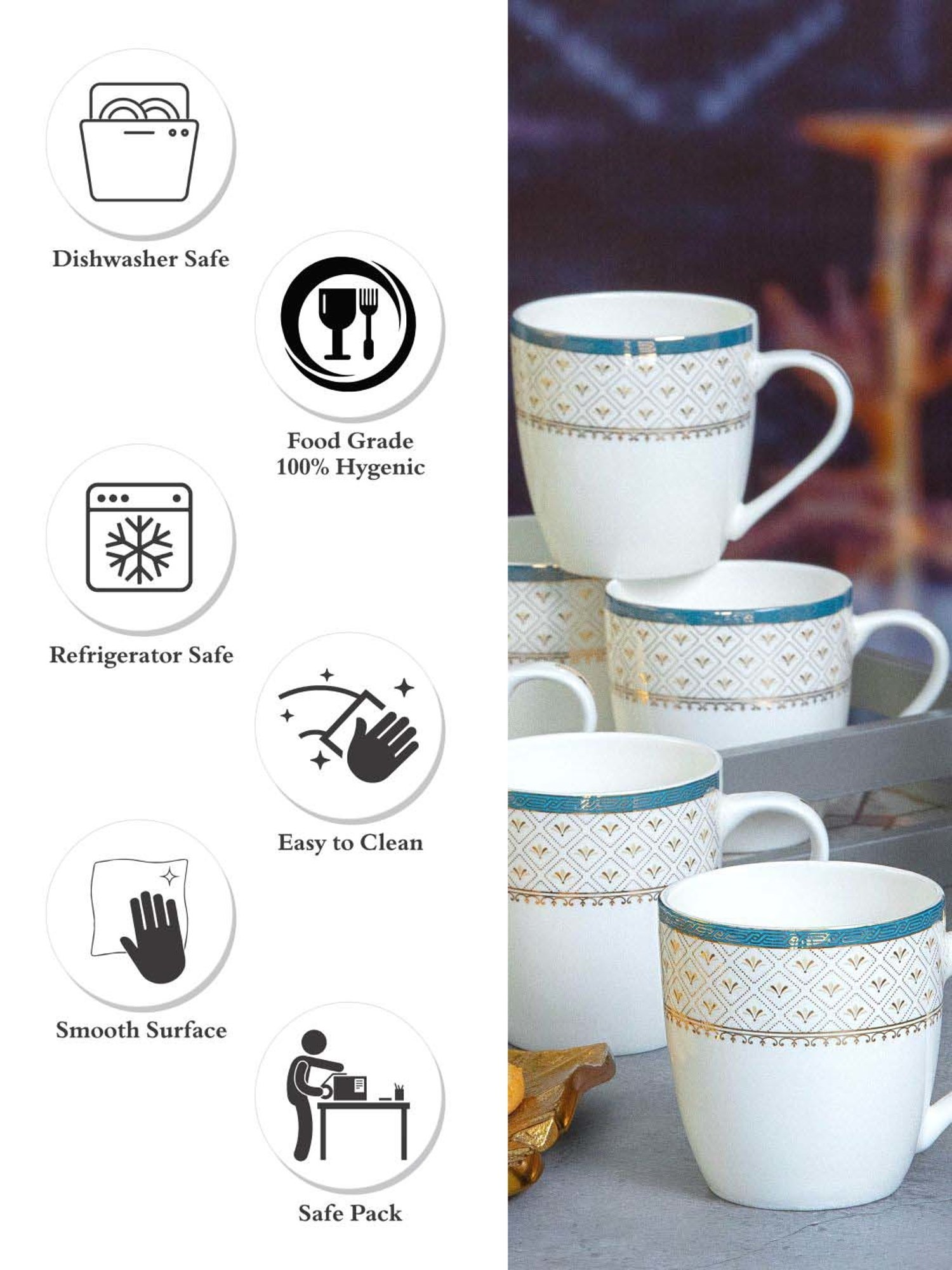 SONAKI White & Golden Bone China Tea Cup (0.17 L) - Set of 6