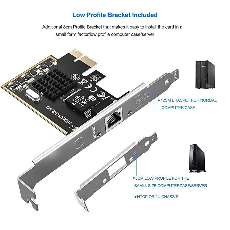 PCIe Network Adapter with 1 Port, 2500/1000/100Mbps PCI Express Gigabit Ethernet Card RJ45 LAN Controller Support Windows Server/Windows/Linux, Standard and Low-Profile Brackets Included