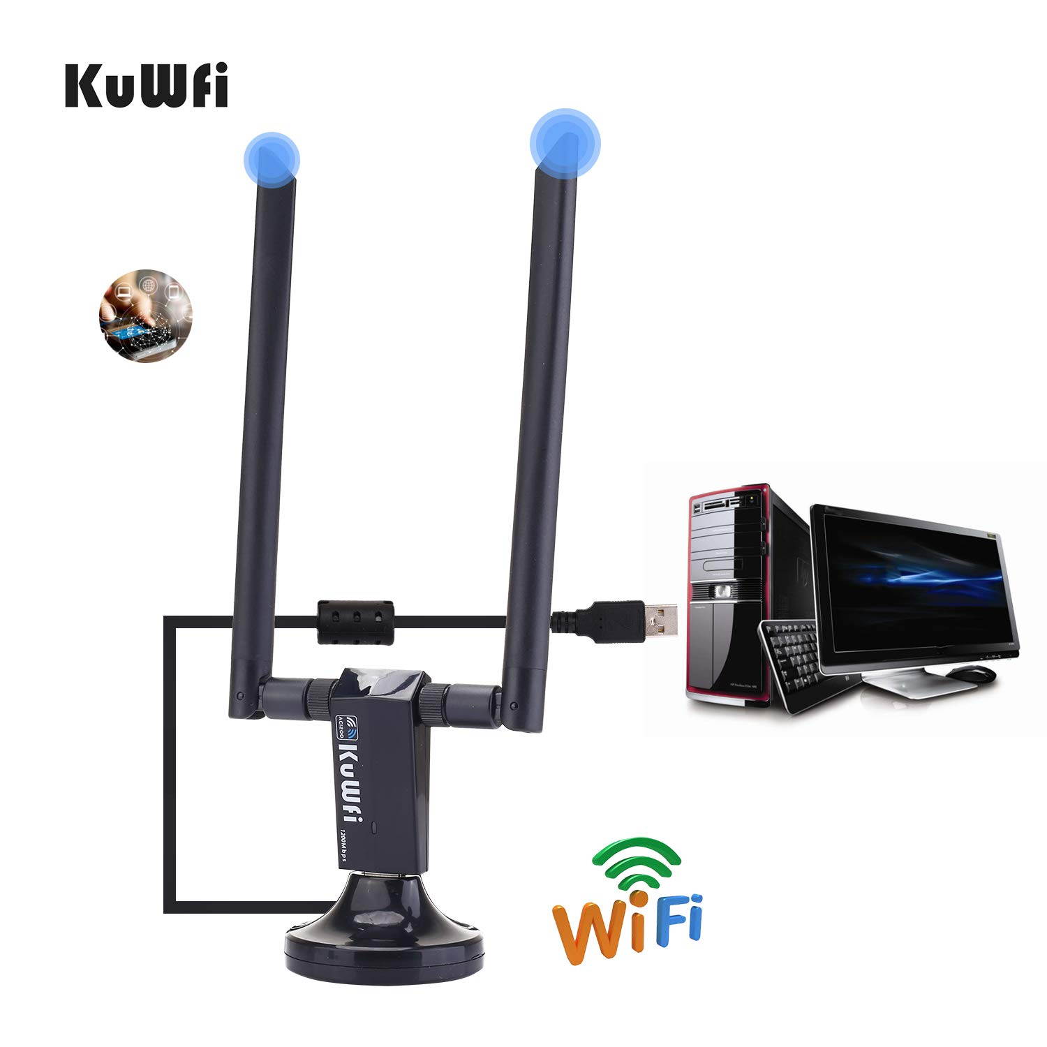 KuWFi USB WiFi Adapter AC 1200Mbps Wireless Network Dual Band 5GHz and 2.4GHZ High Gain for PC Desktop TVbox with 2x5dBi Antenna