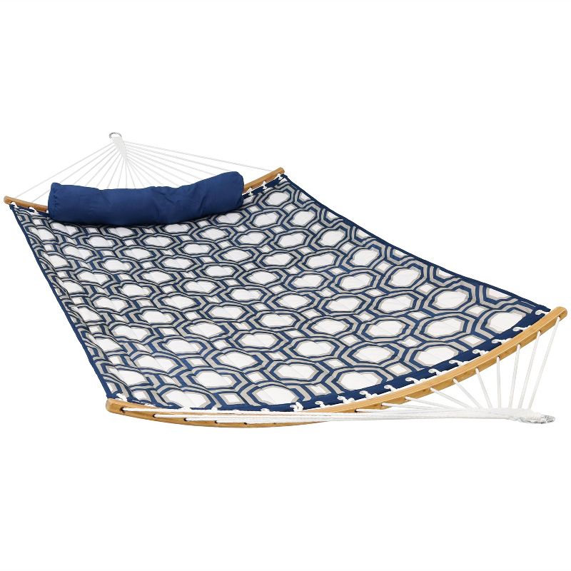 Sunnydaze Heavy-Duty Quilted 2-Person Hammock with Curved Bamboo Spreader Bars - 450 lb Weight Capacity - Navy and Gray Tiled Octagon