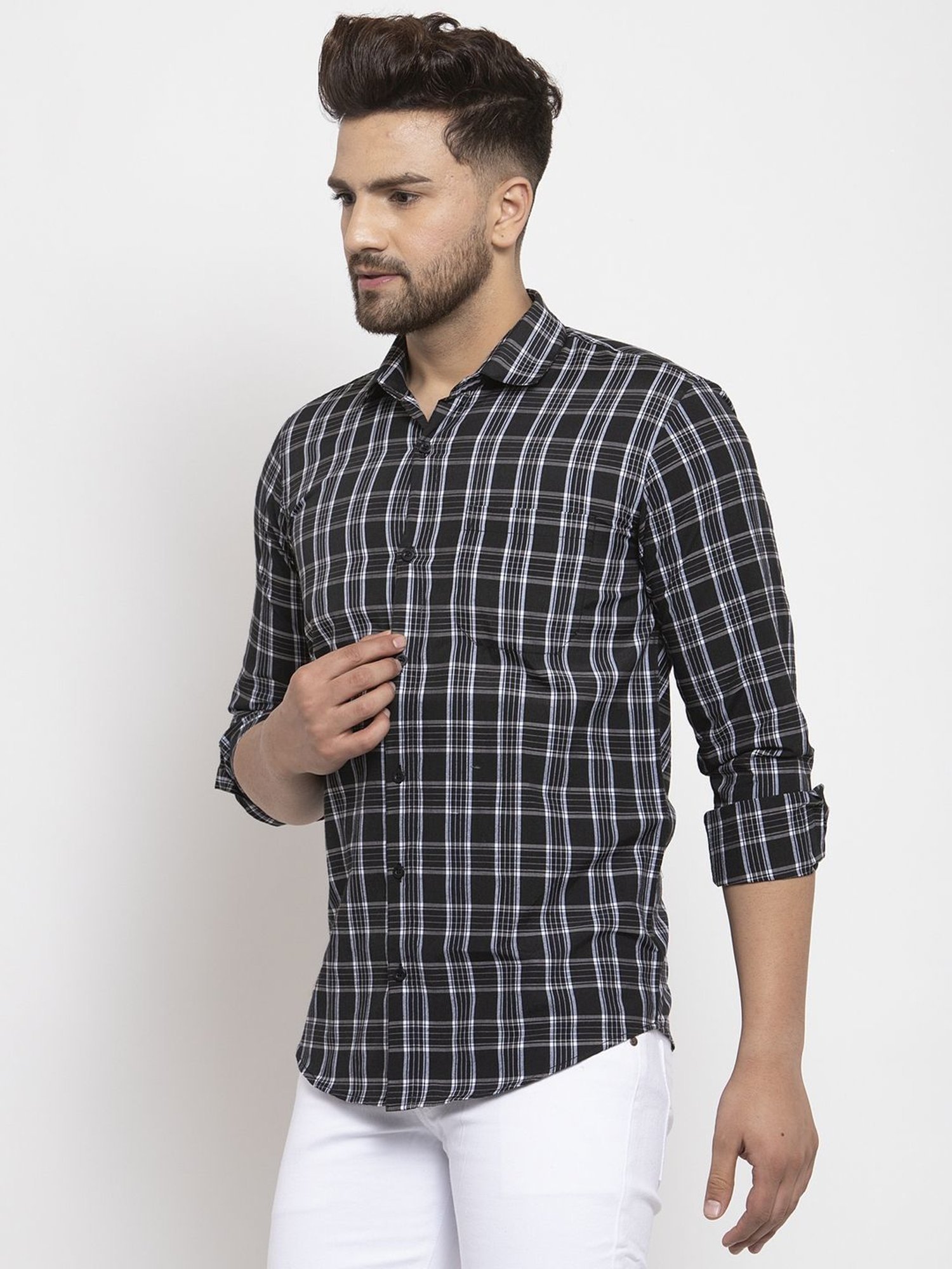 Jainish Black Regular Fit Checks Shirt
