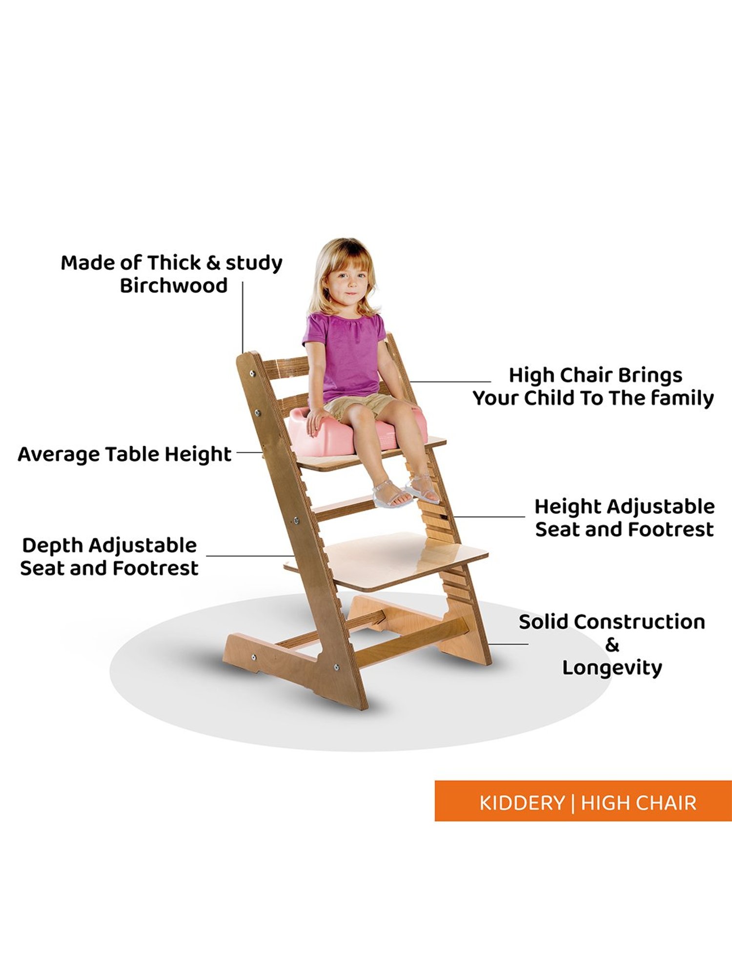Kiddery Wooden Height Adjustable High Chair for Feeding and Sitting (Age 2yrs to 15yrs)