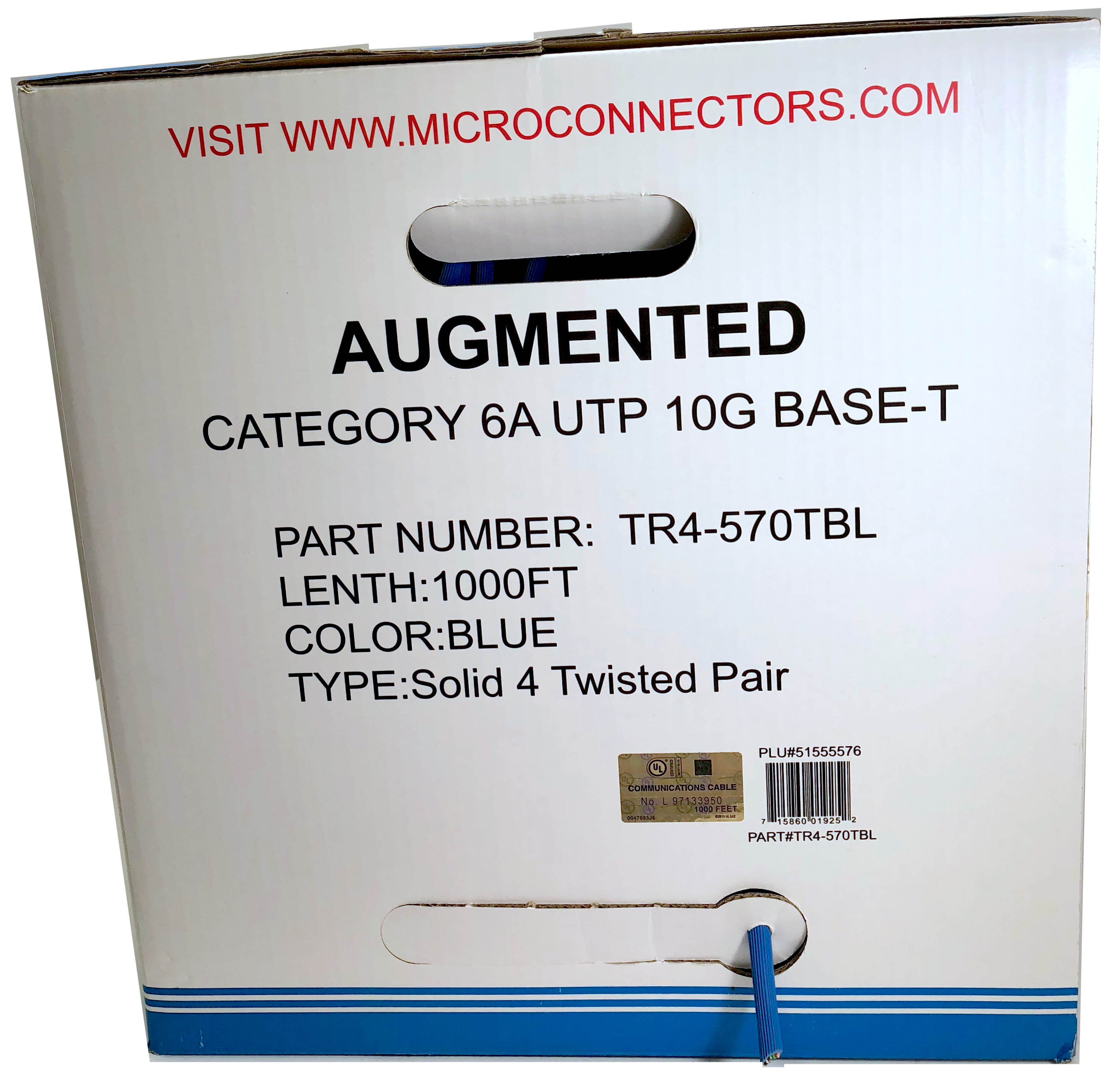 Micro Connectors, Inc. 1000 feet Augmented Cat6A 10GbE Solid UTP Box - Blue (TR4-570TBL)