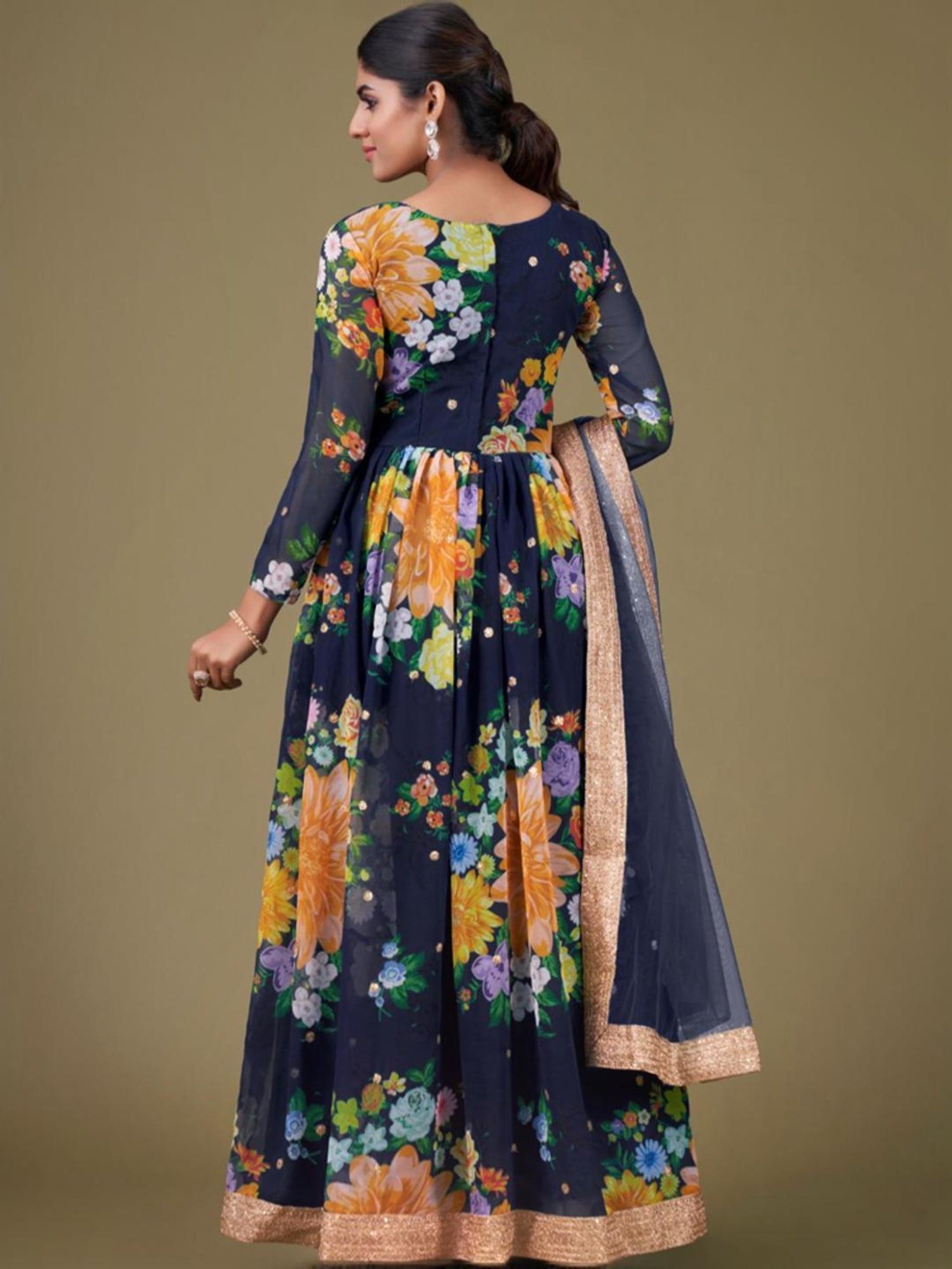 Odette Navy Floral Print Unstitched Dress Material